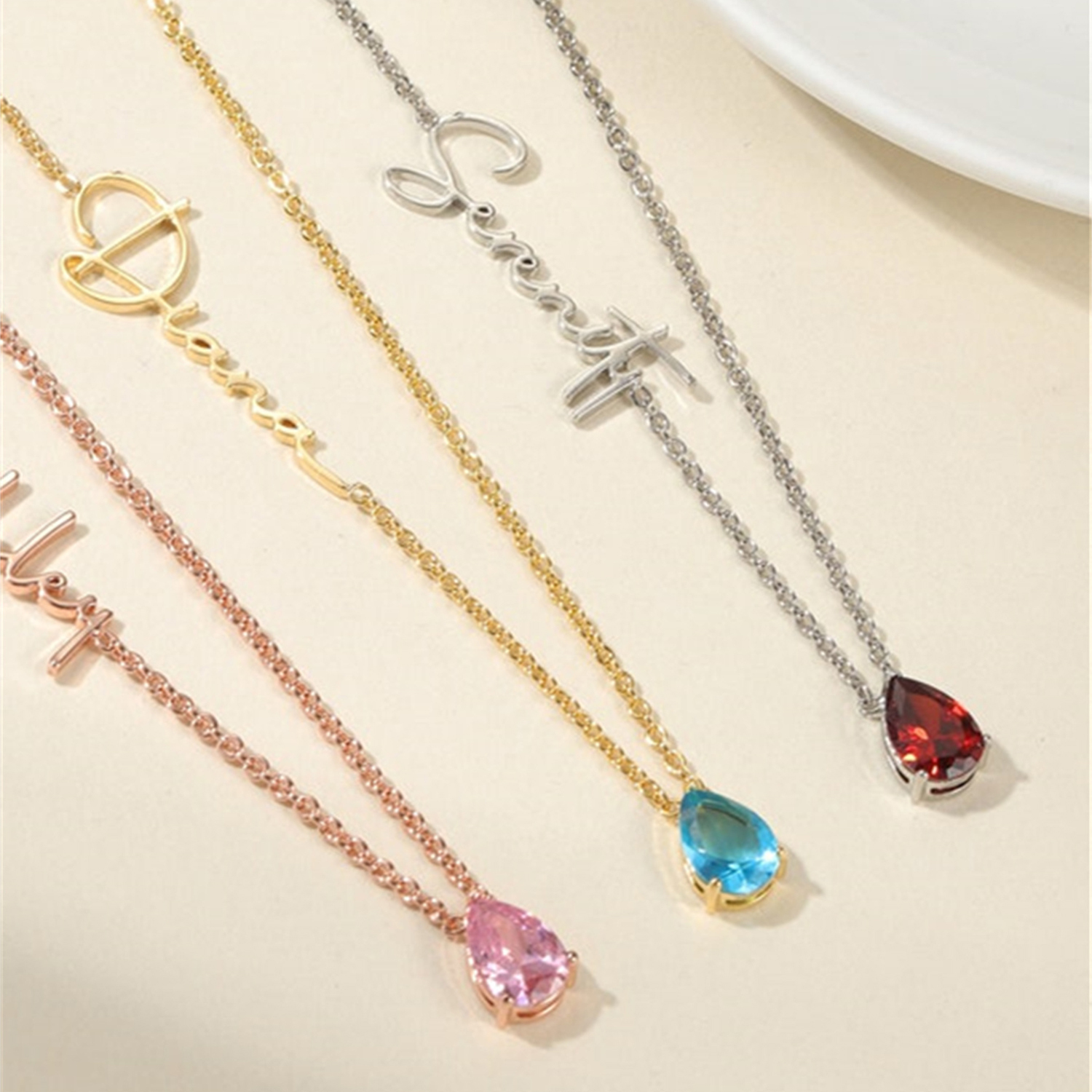 Cursive Name Necklace with Teardrop Birthstone-Spefeel