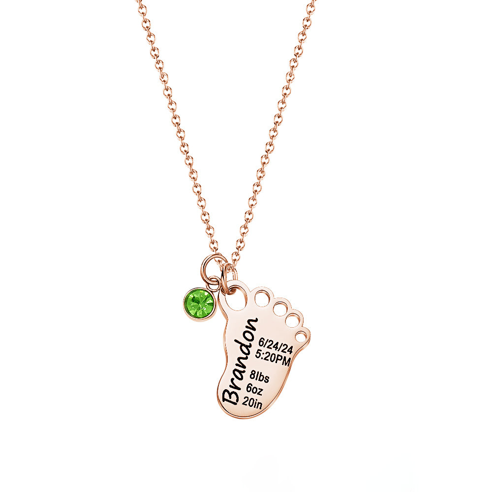 Personalized Baby Birth Date Footprint Necklace with Birthstone