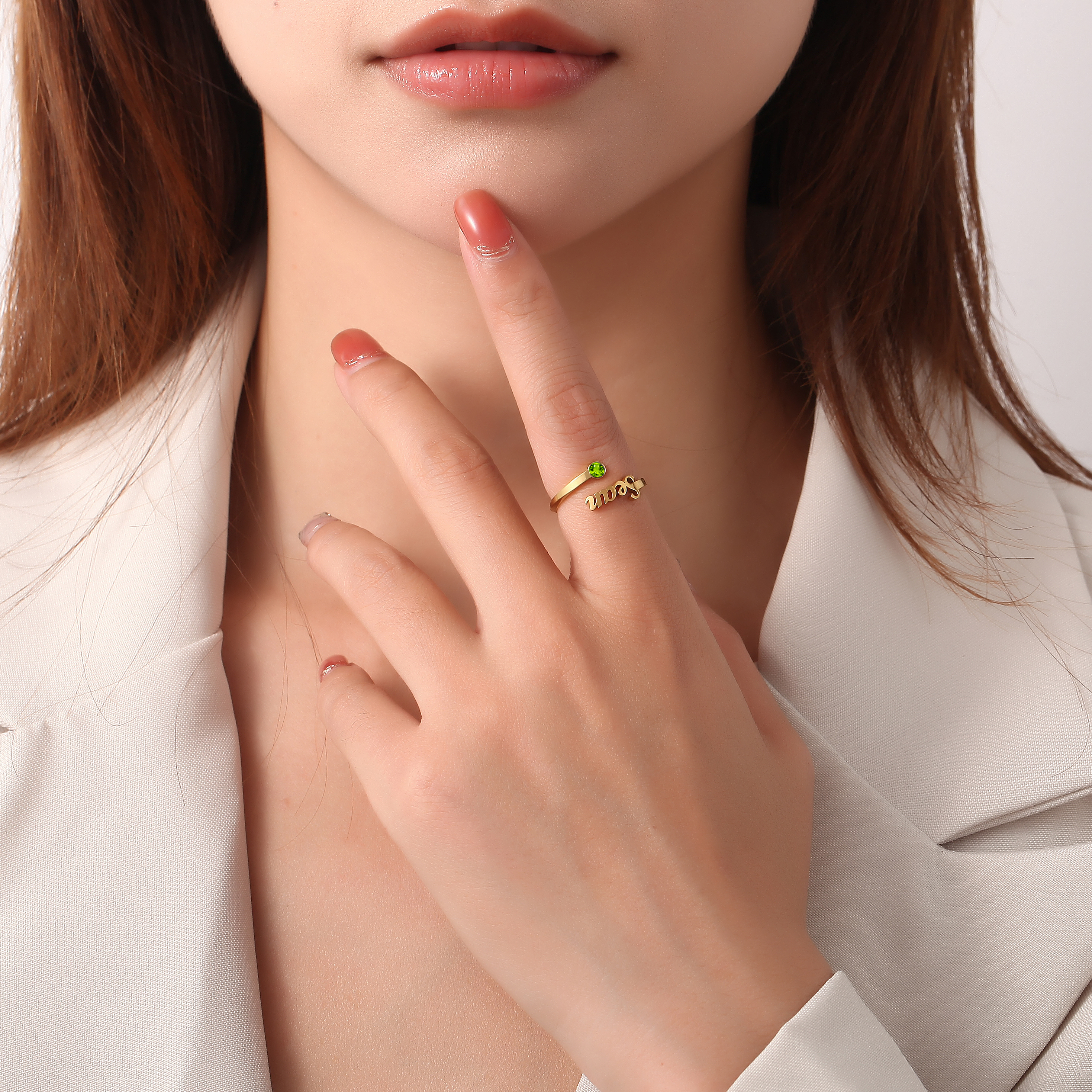 Custom Single Name Birthstone Ring with Open Design