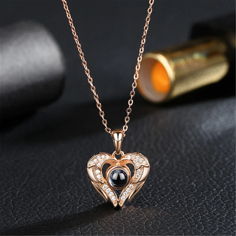 Rhinestone Heart Shape Custom Photo Projection Necklace