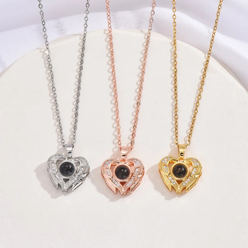 Rhinestone Heart Shape Custom Photo Projection Necklace