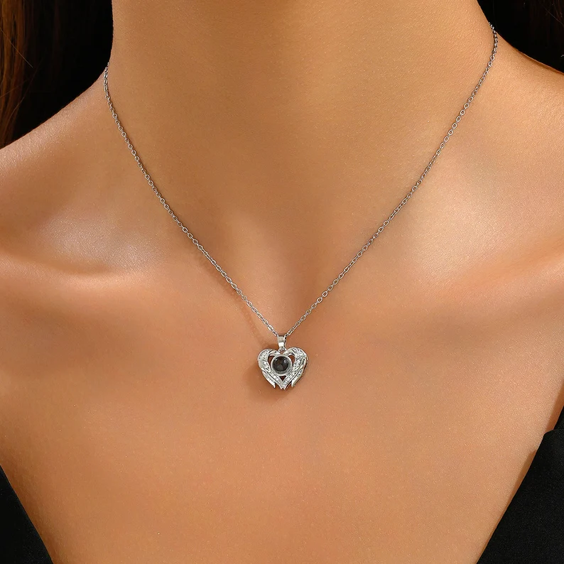 Rhinestone Heart Shape Custom Photo Projection Necklace