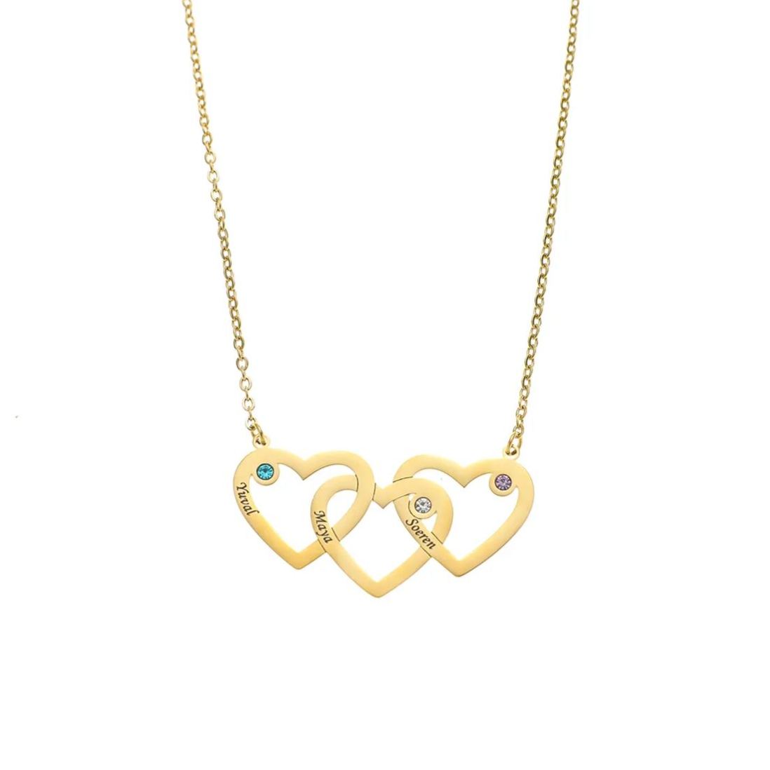 Custom Name Brithstone Necklace with Three Interconnected Hearts