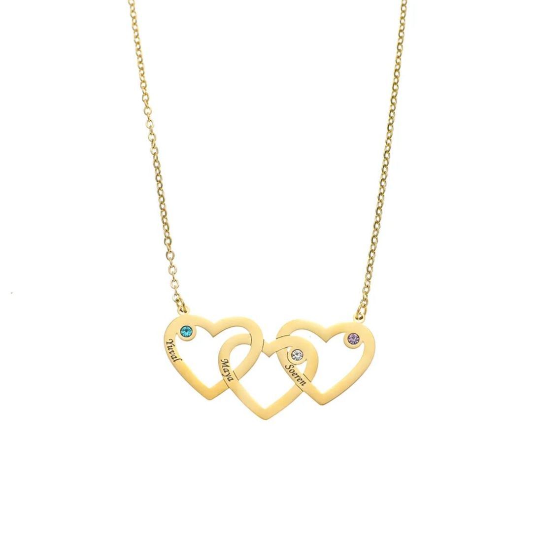 Custom Name Brithstone Necklace with Three Interconnected Hearts