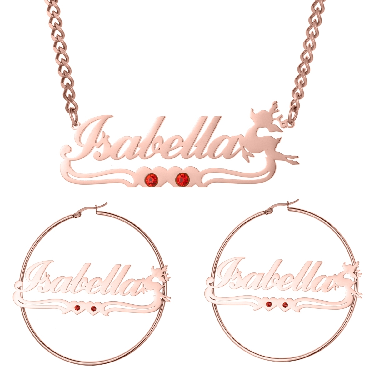 Custom Combination Name Birthstone Necklace and Bracelet with Christmas Reindeer