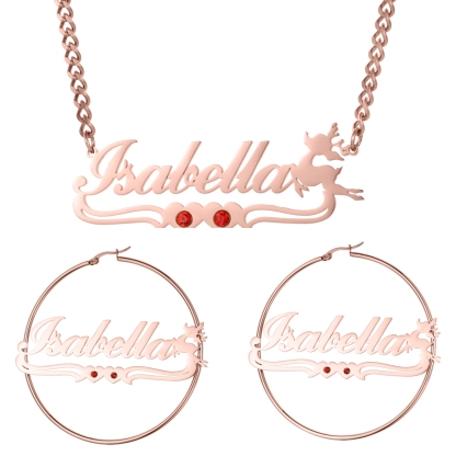 Custom Combination Name Birthstone Necklace and Bracelet with Christmas Reindeer