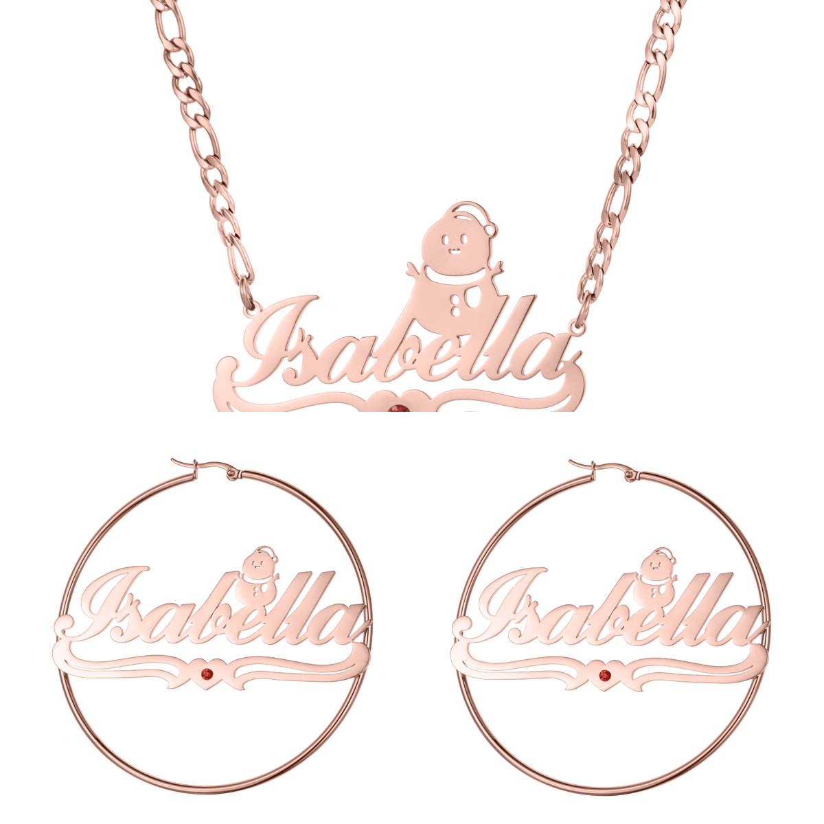 Custom Jewelry Set Name Birthstone Necklace and Earrings with Christmas Snowman