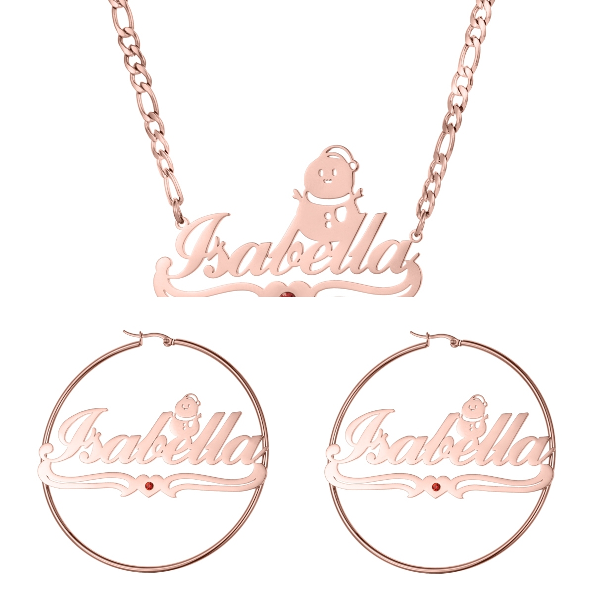 Custom Jewelry Set Name Birthstone Necklace and Earrings with Christmas Snowman