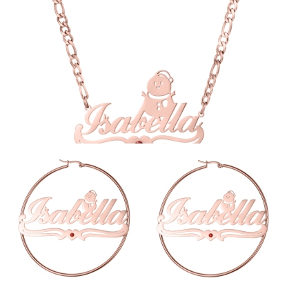 Custom Jewelry Set Name Birthstone Necklace and Earrings with Christmas Snowman
