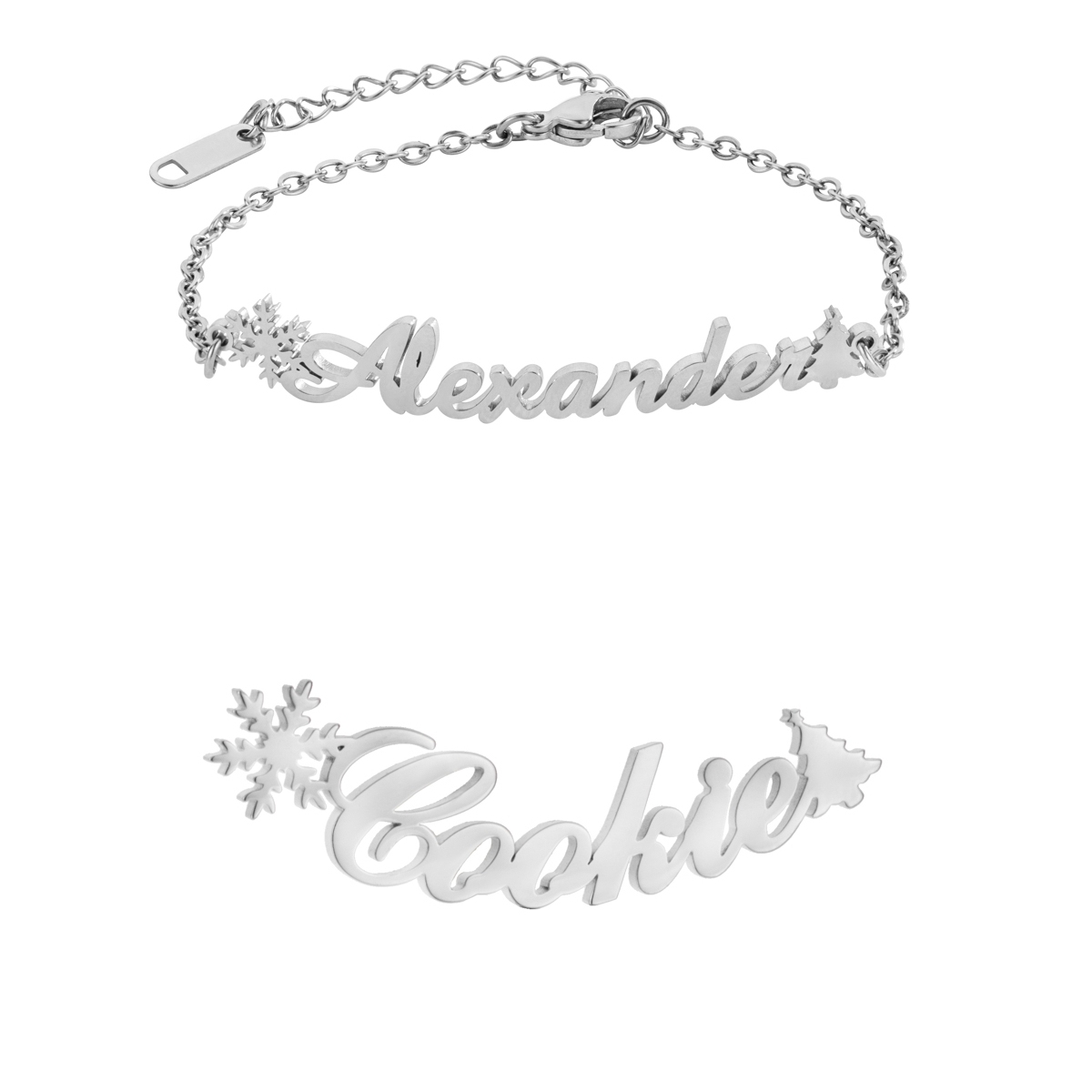 Custom Jewelry Set Name Necklace and Earrings with Snowflakes and Christmas trees