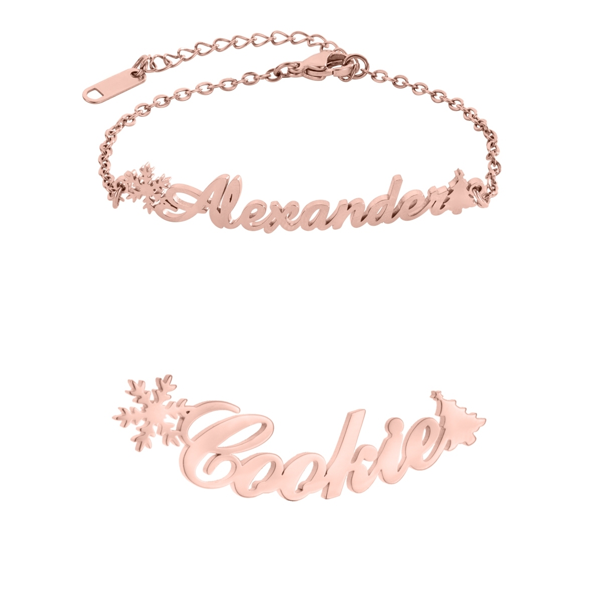 Custom Jewelry Set Name Necklace and Earrings with Snowflakes and Christmas trees