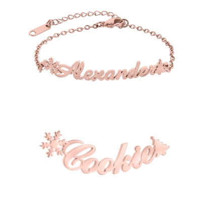 Custom Jewelry Set Name Necklace and Earrings with Snowflakes and Christmas trees