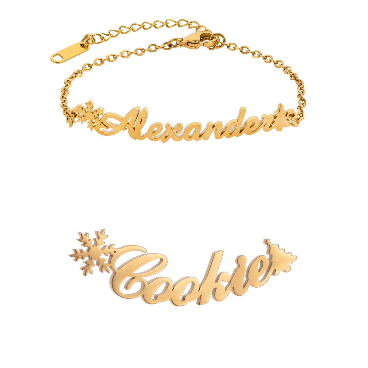 Custom Jewelry Set Name Necklace and Earrings with Snowflakes and Christmas trees