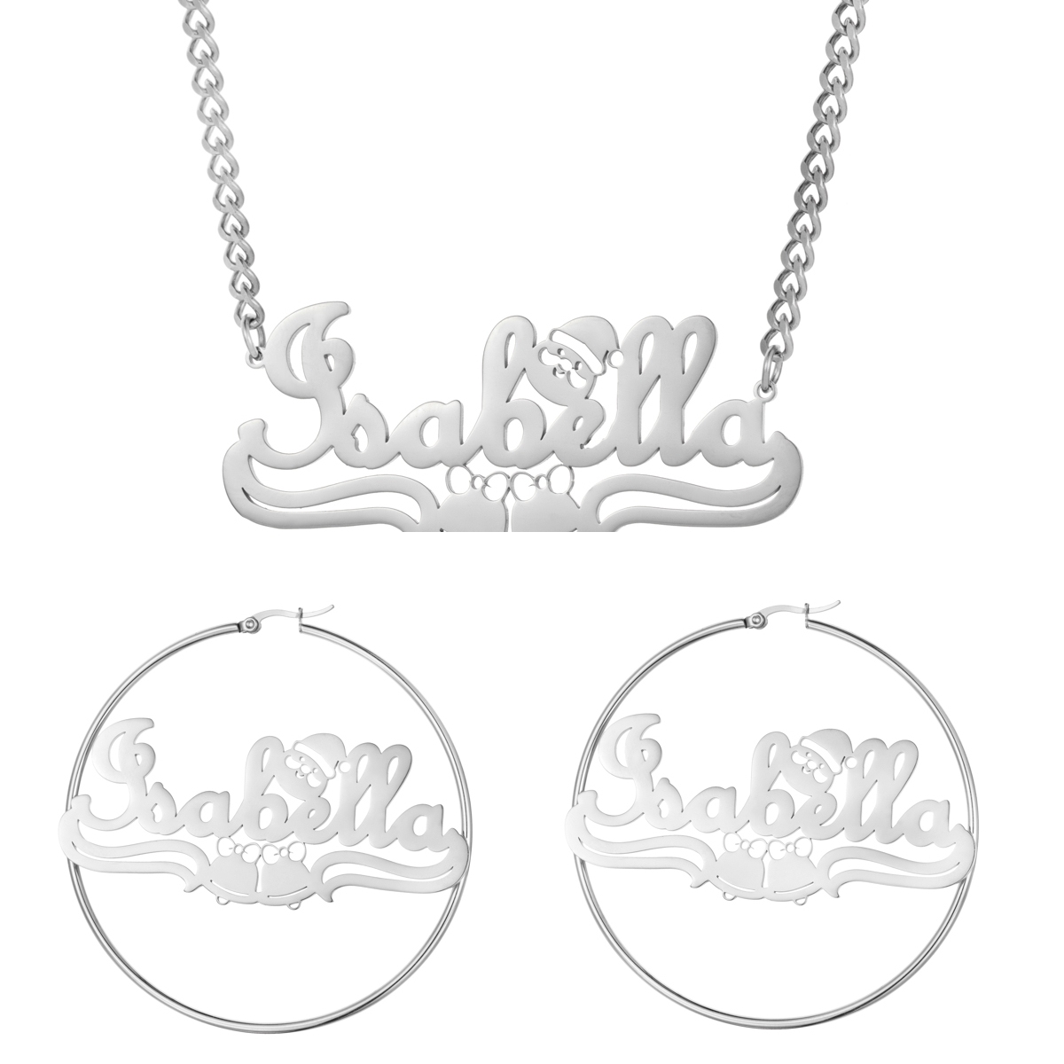 Custom Jewelry Set Name Necklace and Earrings with Bells and Santa Claus