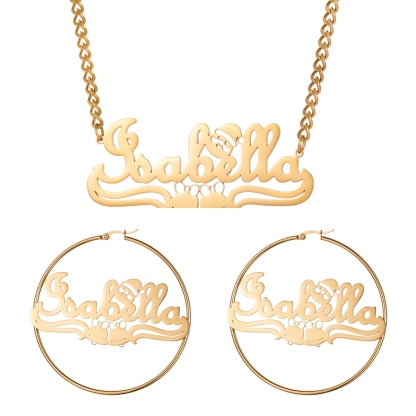 Custom Jewelry Set Name Necklace and Earrings with Bells and Santa Claus