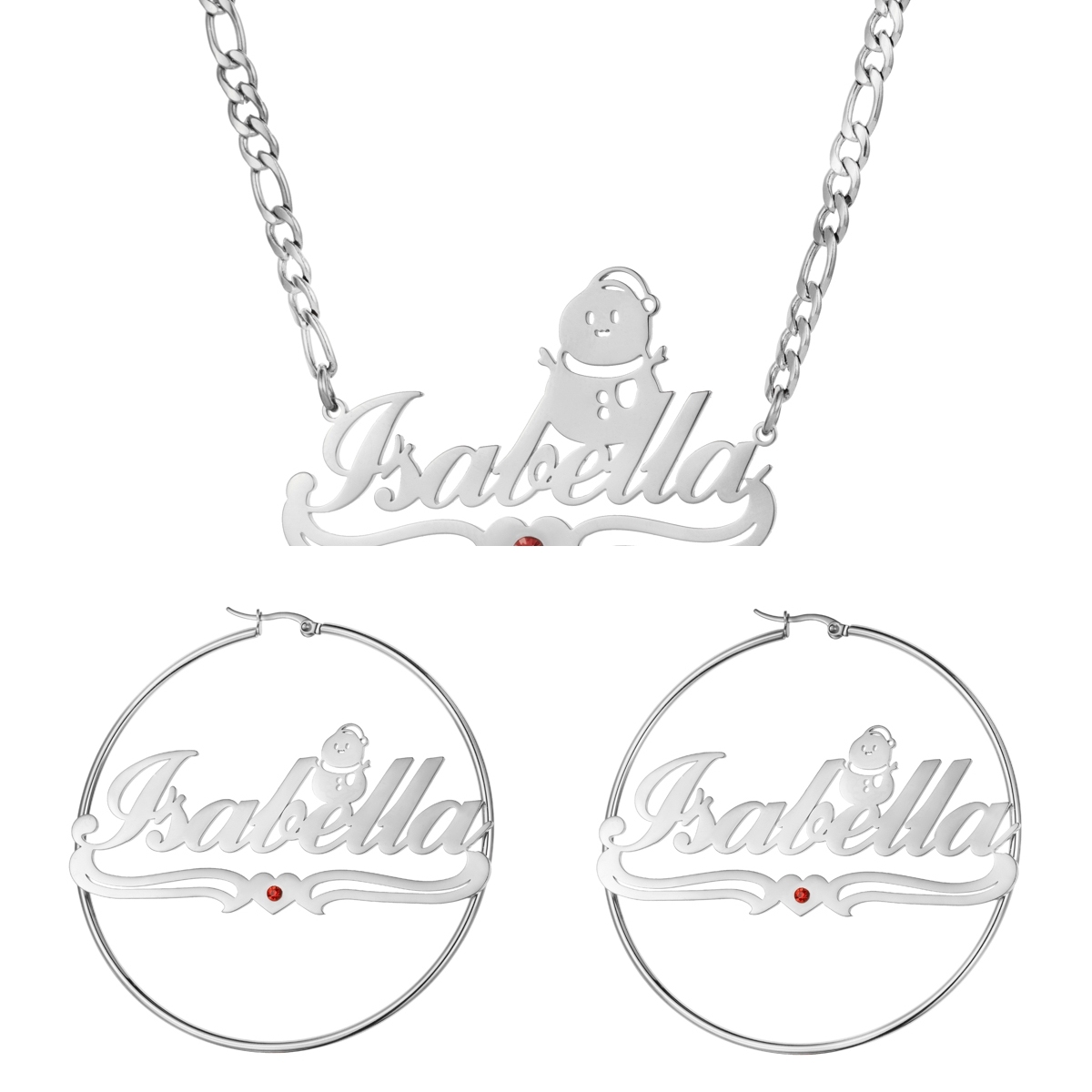 Custom Jewelry Set Name Birthstone Necklace and Earrings with Christmas Snowman