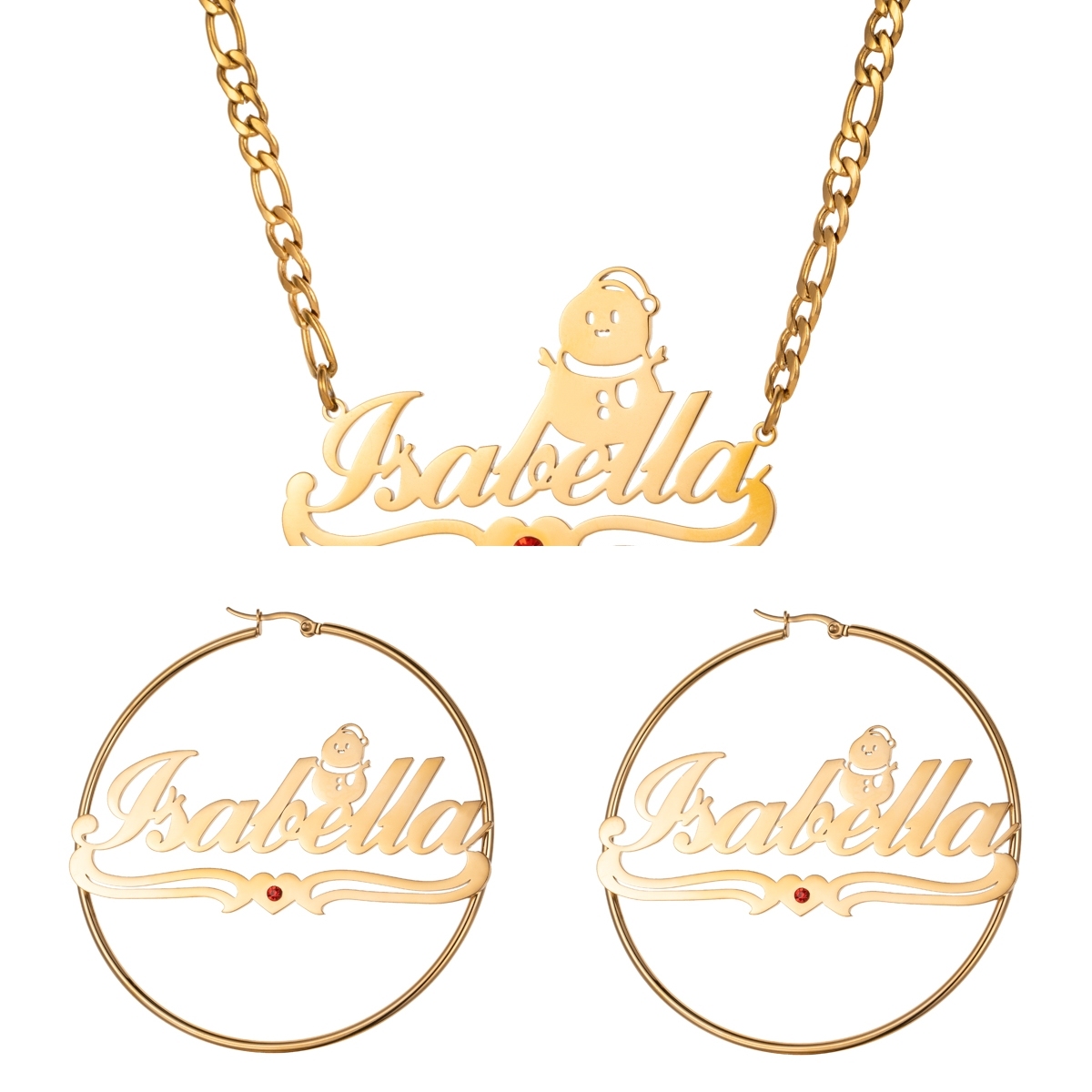 Custom Jewelry Set Name Birthstone Necklace and Earrings with Christmas Snowman