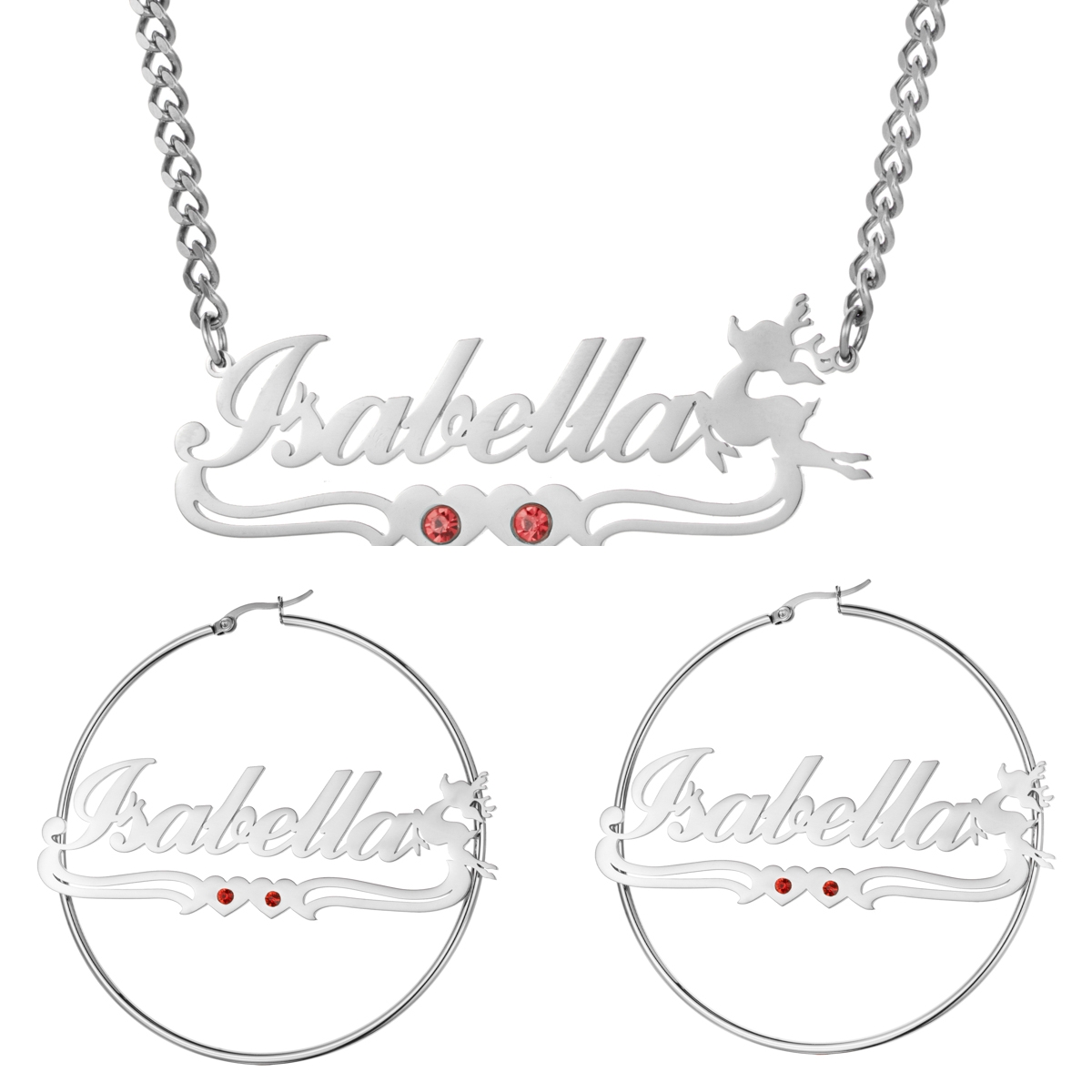 Custom Jewelry Set Name Birthstone Necklace and Earrings with Christmas Reindeer