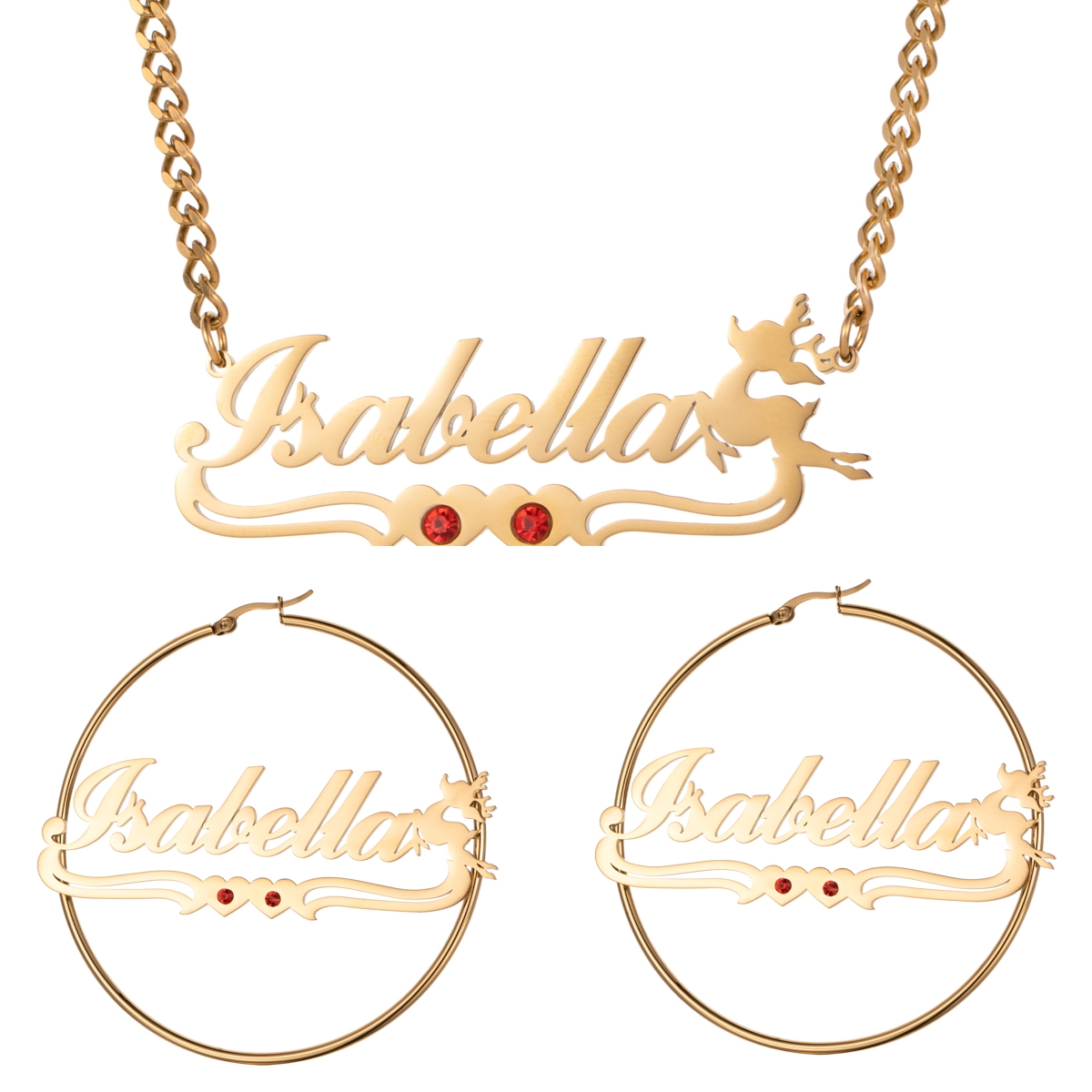 Custom Jewelry Set Name Birthstone Necklace and Earrings with Christmas Reindeer