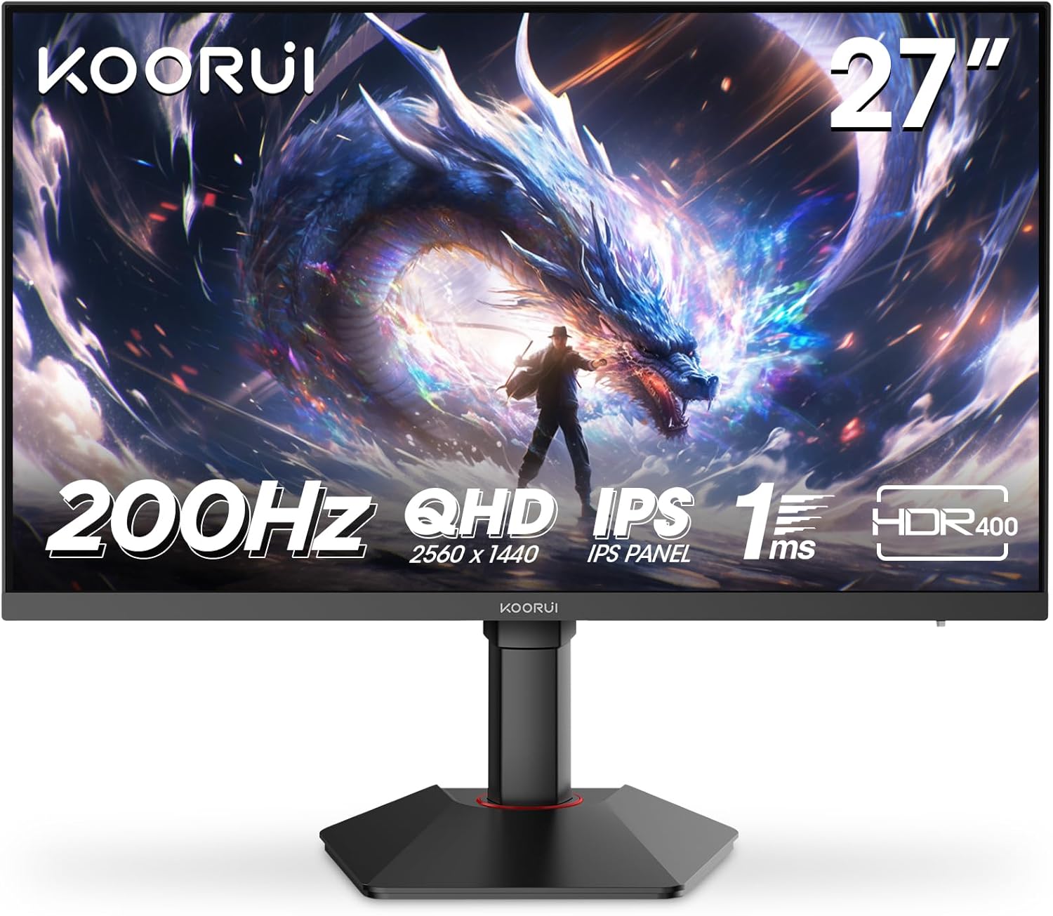 KOORUI Monitor 27 inch QHD 2K Fast IPS Gaming Monitor, 200Hz 1ms, HDR400,95% DCI-P3,Adaptive Sync,Tilt Pivot Swivel Vertical Height Adjustable,HDMI 2.0 &DP 1.4 Ports, G2722P, Black