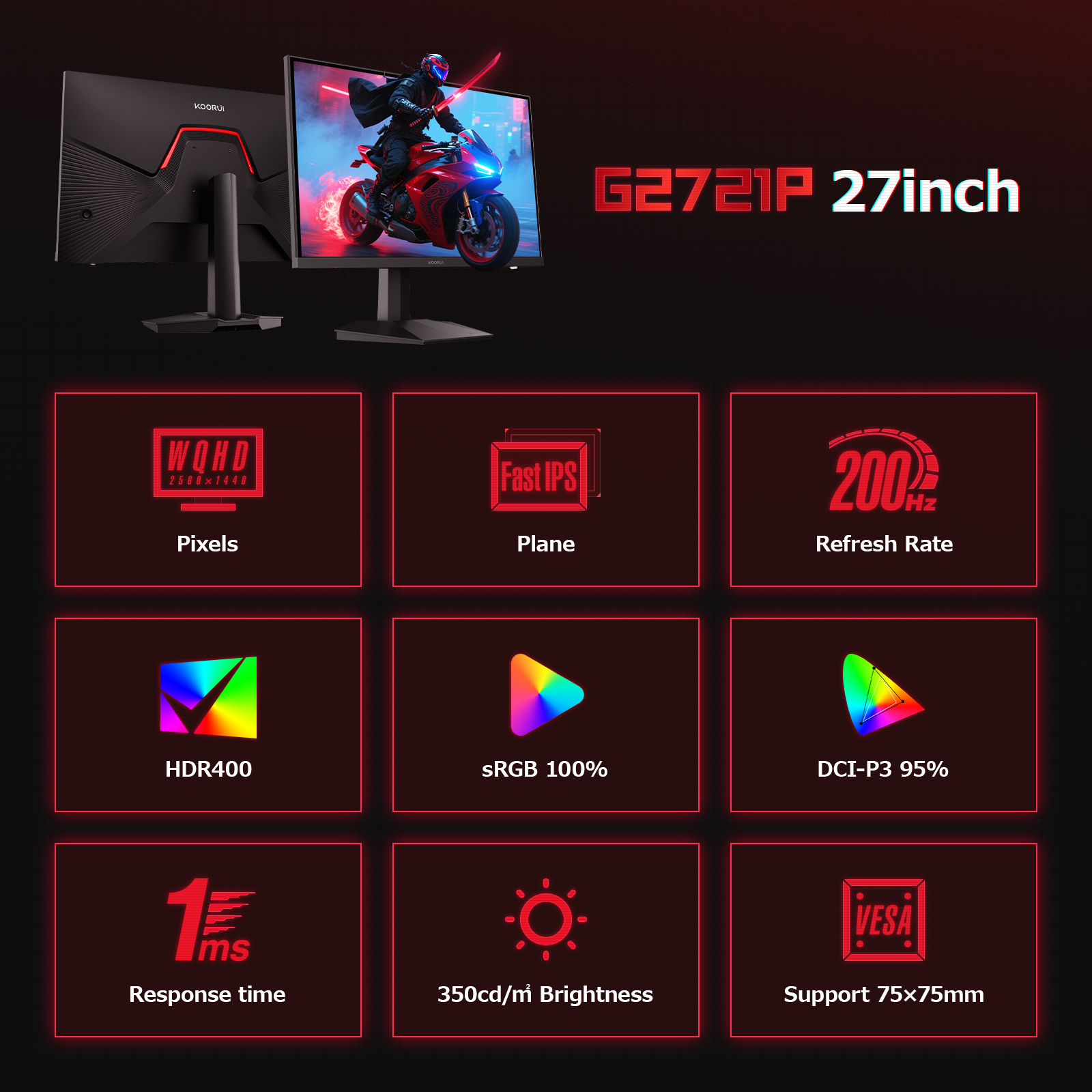 KOORUI 27 Inch Gaming Monitor, QHD 200Hz 1ms IPS Display with Adaptive Sync & HDR 400 | 95% DCI-P3 Color Accuracy | HDMI 2.1/DP 1.4 Ports | VESA Mount Compatible | Anti-Flicker Low Blue Light (G2721P)