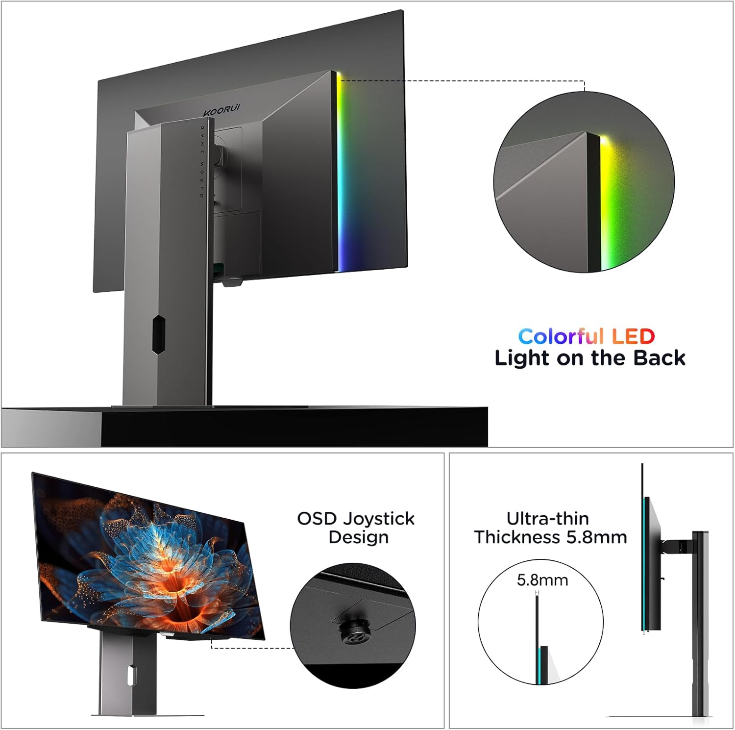 KOORUI 27 inch OLED Gaming Monitor, 1440P 240Hz Computer Monitor, 0.03ms, AdaptiveSync Compatible, 90W Type-C Charge, DCI-P3, Slim Screen, HDMI 2.0, DisplayPort 1.4, USB-C 3.1, VESA, Black, 27E8QK