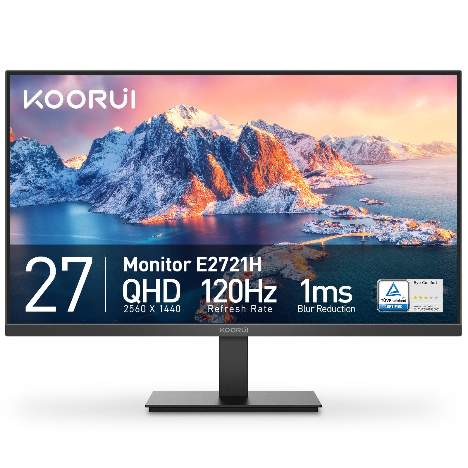 KOORUI 27 Inch QHD (2560x1440) IPS Monitor, 120Hz Computer Monitor, 1ms, AdaptiveSync, HDMI, DP Port, Slim-Thin, VESA Mountable, Tilt Adjustable, Black, E2721H