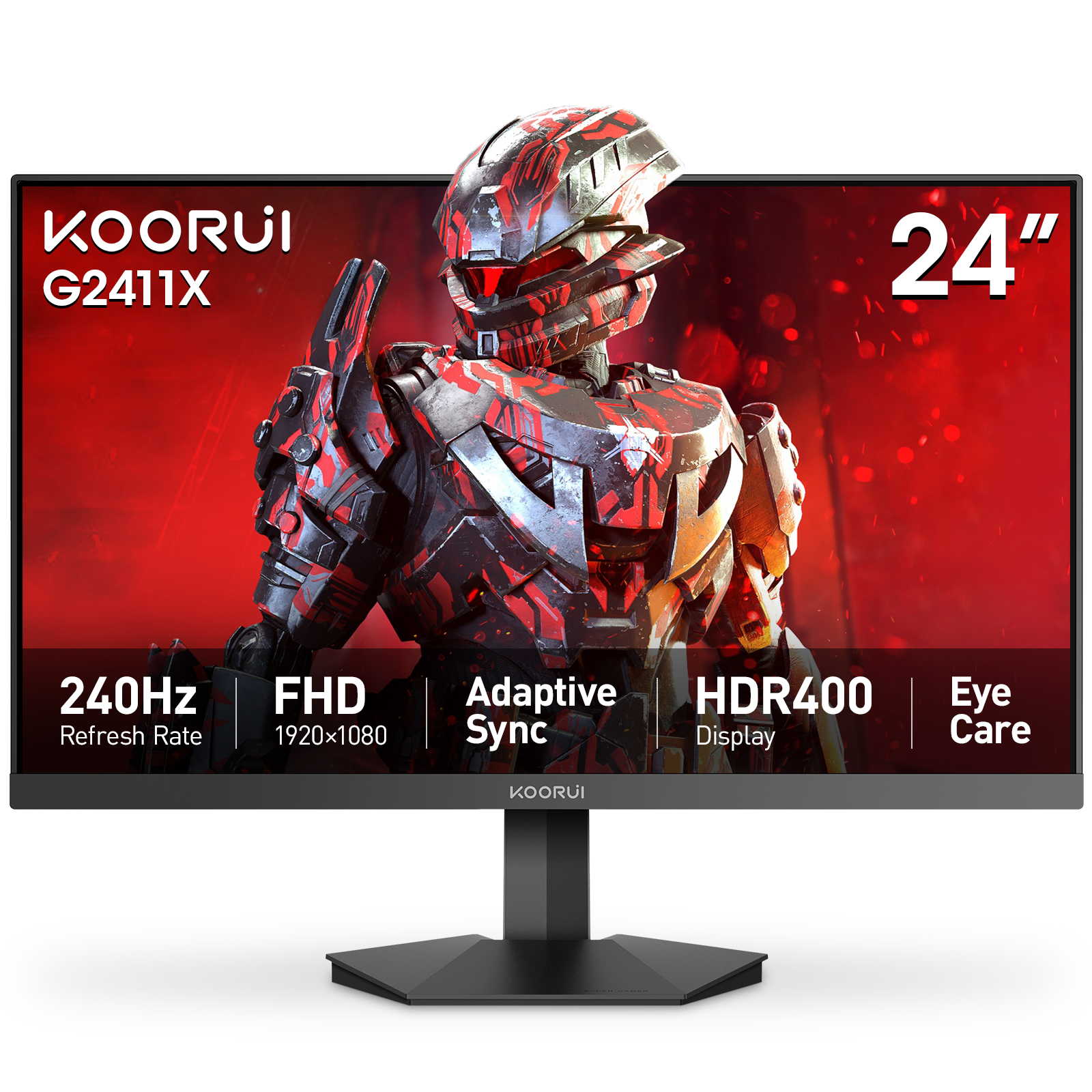 KOORUI 24 Inch Gaming Monitor, 240Hz FHD 1ms Computer Monitor, HDR400 90% DCI-P3 Adaptive Sync, 2xHDMI DP VESA Mount Tilt Adjustable, G2411X