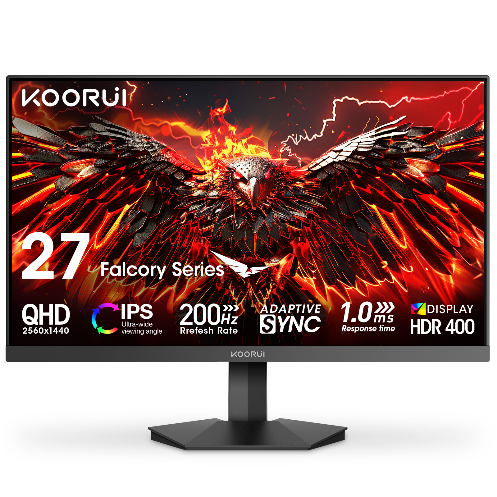 KOORUI 27 Inch Gaming Monitor, QHD 200Hz 1ms IPS Display with Adaptive Sync & HDR 400 | 95% DCI-P3 Color Accuracy | HDMI 2.1/DP 1.4 Ports | VESA Mount Compatible | Anti-Flicker Low Blue Light (G2721P)