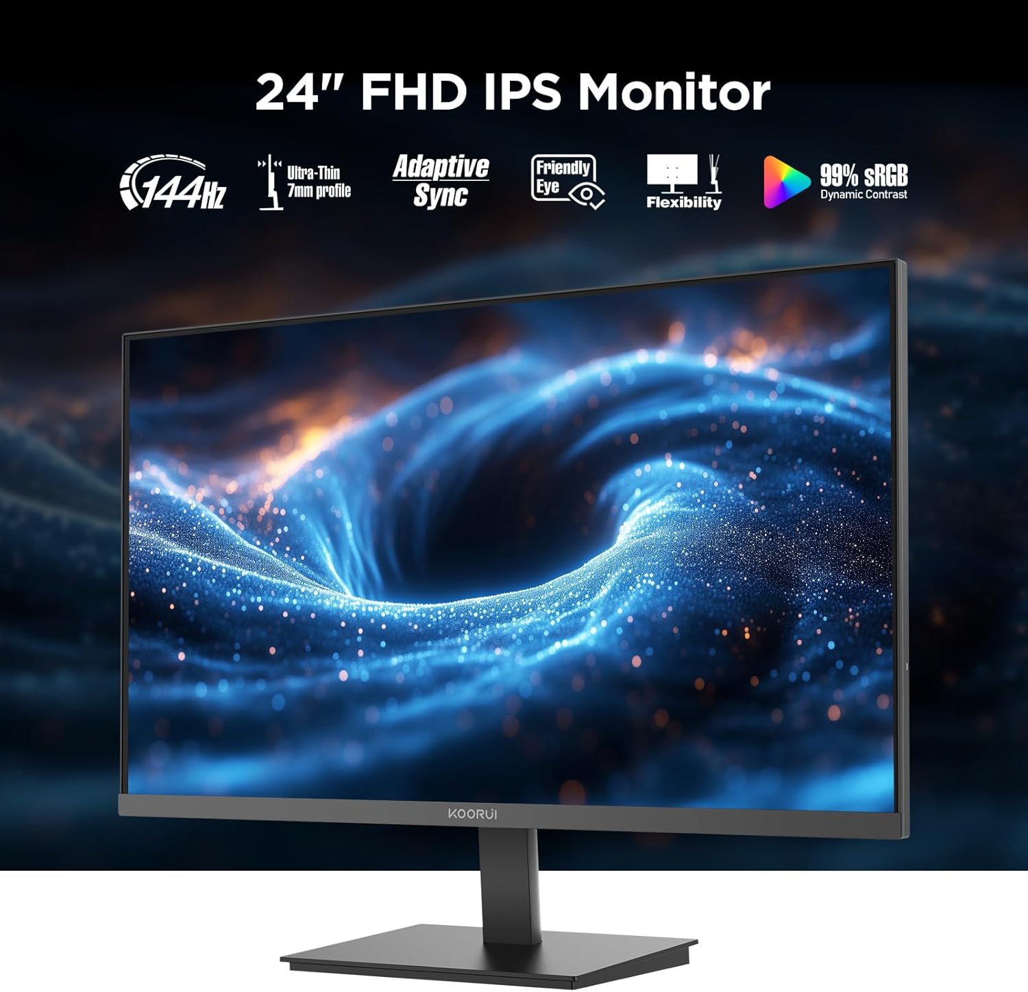 KOORUI 24 inch Computer Monitor, 144Hz IPS FHD (1920 x 1080) 99% sRGB 1000:1,Adaptive Sync,PC Desktop Monitors for Computer,HDMI/VGA Ports,100 x 100 mm VESA Mountable,Eyecare,Black