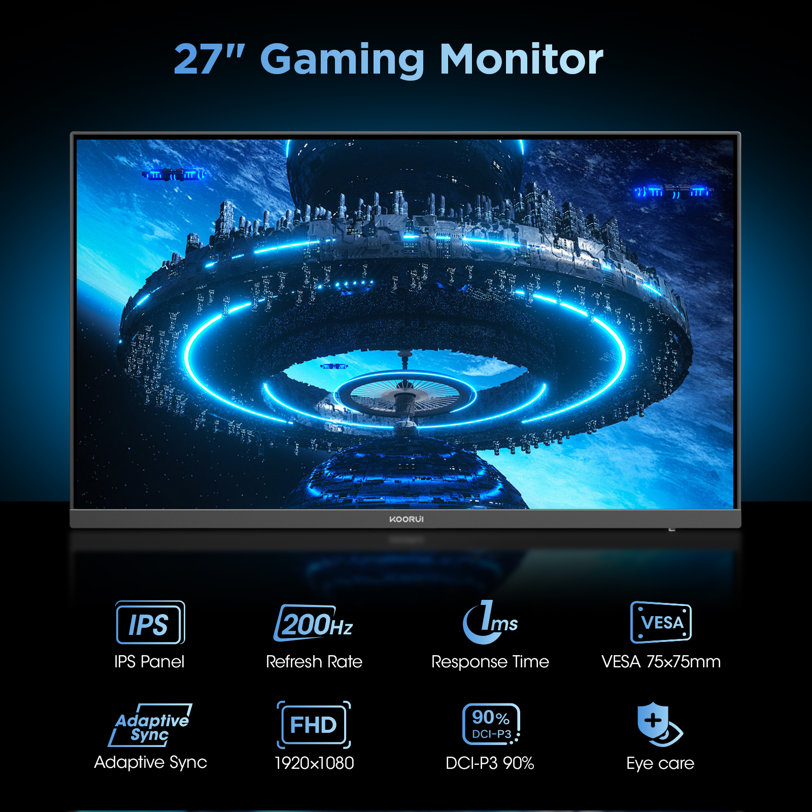 KOORUI 27 Inch Gaming Monitor, 200Hz FHD 1080p, 1ms Adaptive Sync, Fast IPS Computer Monitors with DCI-P3 90%, HDR 400, HDMI 2.0, DisplayPort, Eye Care (G2711P)