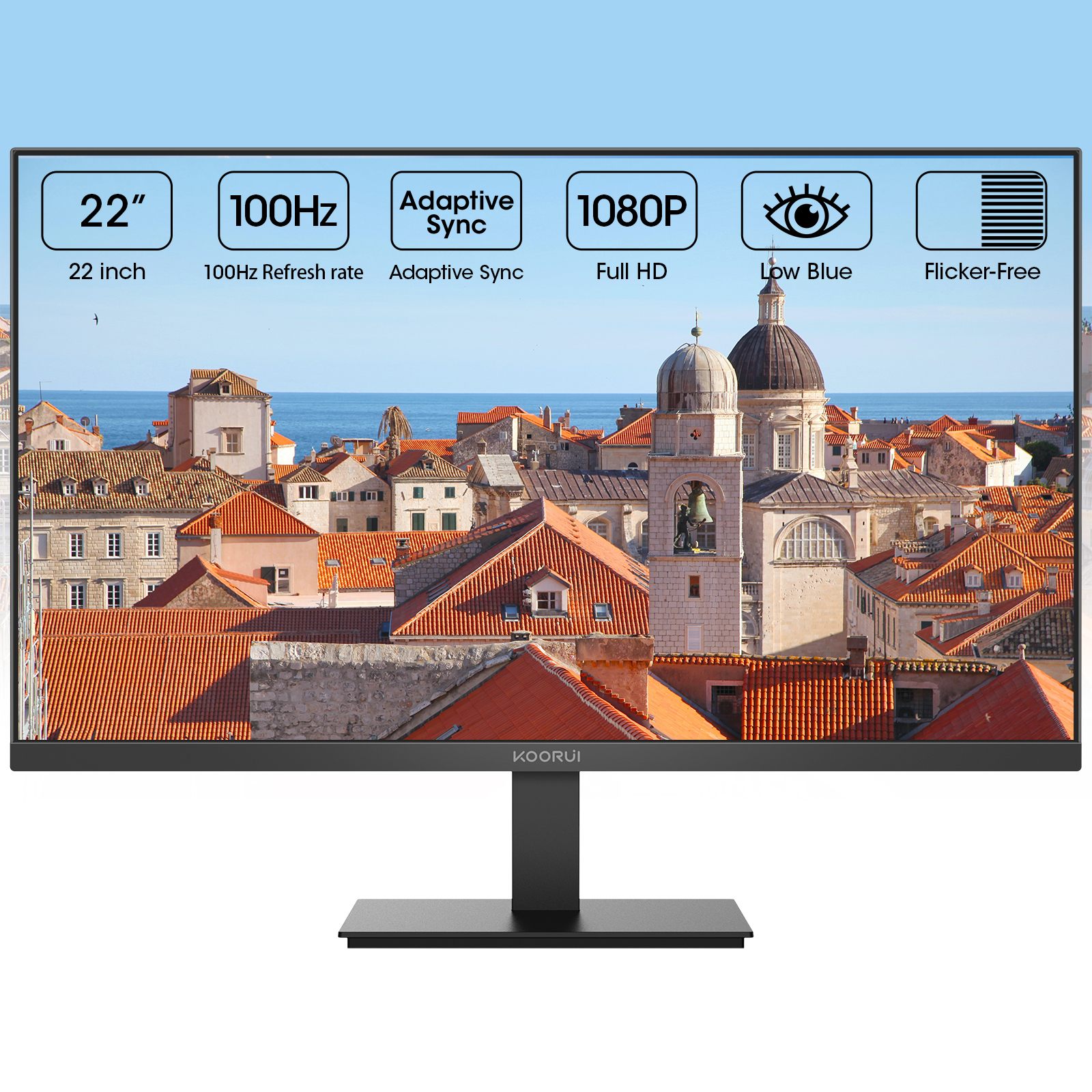 KOORUI 22 Inch Computer Gaming Monitor, FHD 1080P Desktop Display, 100HZ Ultra Thin Bezel/Eye Care/Ergonomic Tilt, HDMI VGA Ports LED Monitor for PC, VESA Mounting