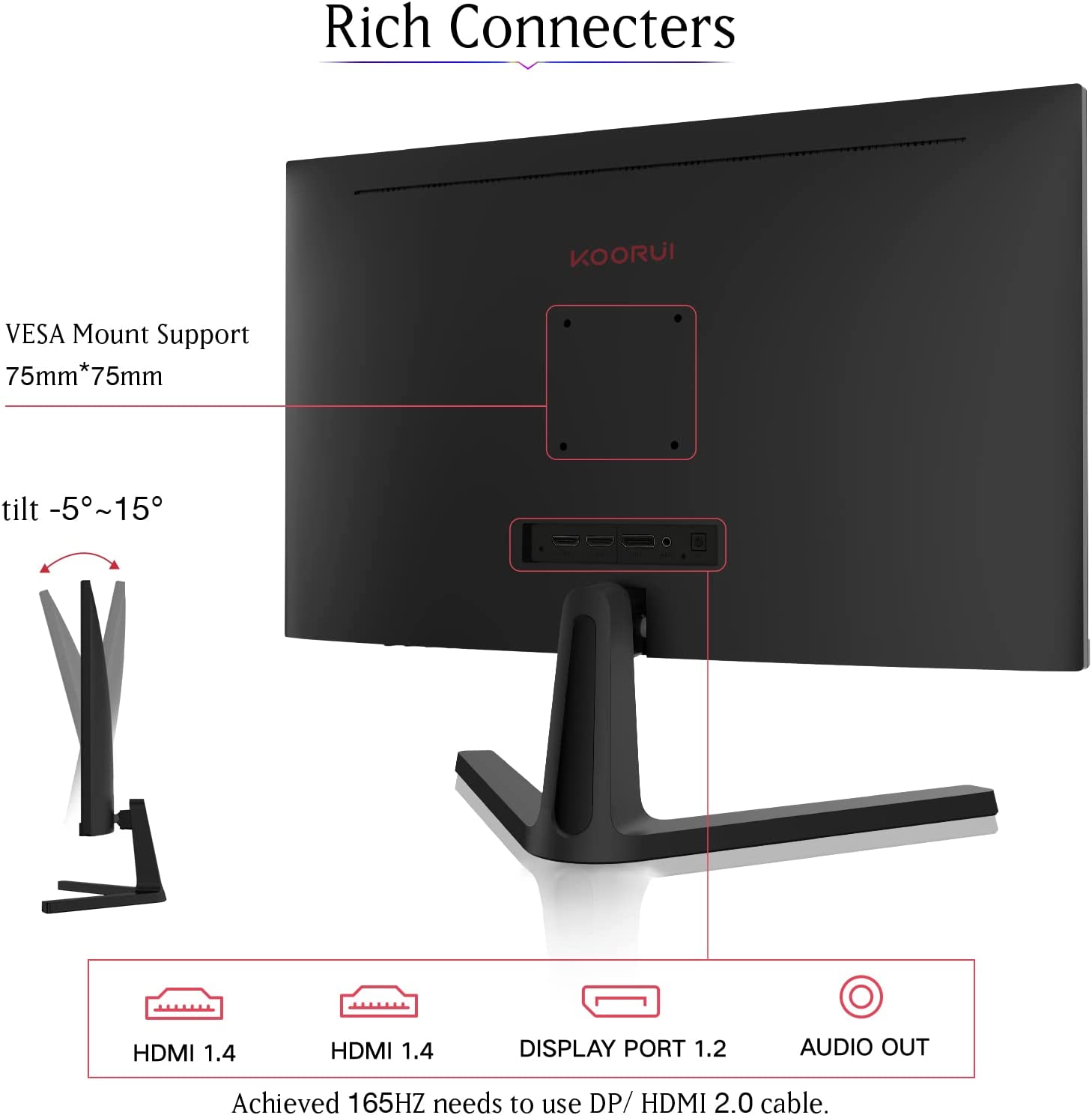 KOORUI 24 inch High-Performance 165Hz/144Hz 1ms(MPRT) 100% sRGB Gaming Monitor,Freesync(G-sync Compatible),3-Side Borderless,FHD 1080P VA Computer Monitor,HDMI/DisplayPort,VESA,24E4-Koorui