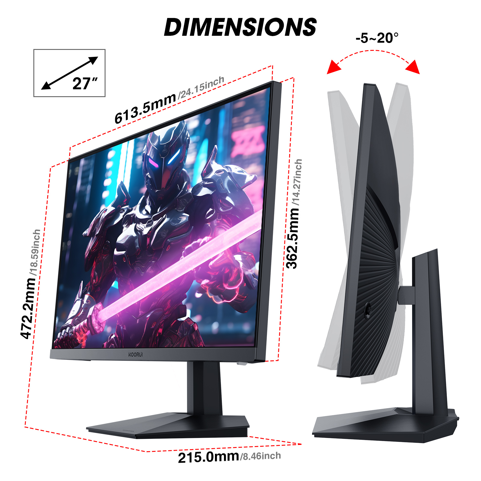 KOORUI 27 Inch Full HD Gaming Monitor 240hz, 1ms, DCI-P3 90% Color Gamut, Adaptive Sync (1920 x 1080, HDMI, DisplayPort) Black