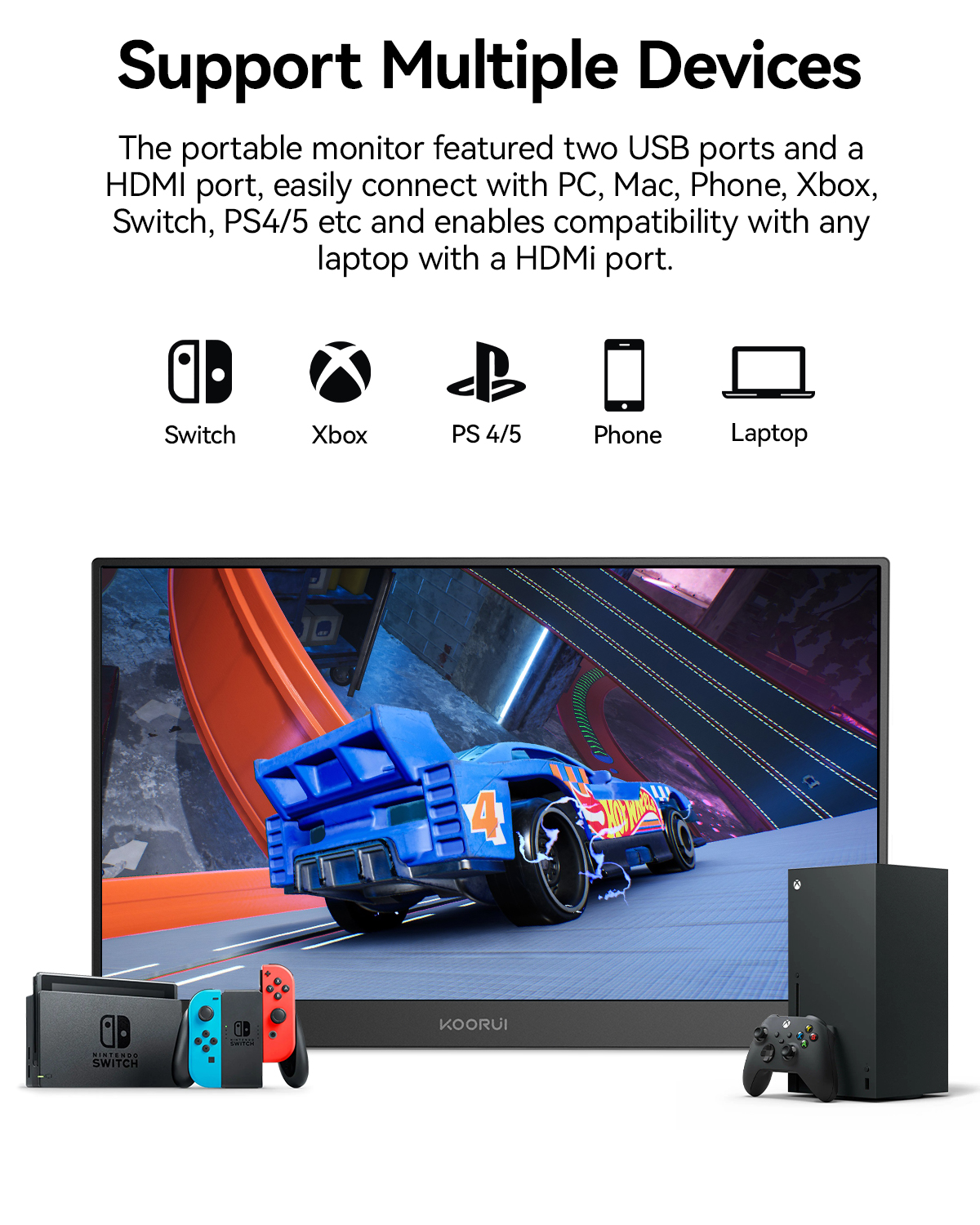 KOORUI Portable Monitor for Laptop, 15.6'' 1080P FHD Laptop Monitor IPS Display with USB Type C Port HDMI, Computer Screen, Dual Speakers, Eye Care, Laptop Extended Monitor for PC Phone Mac Xbox PS4/5 Switch (E1511A)