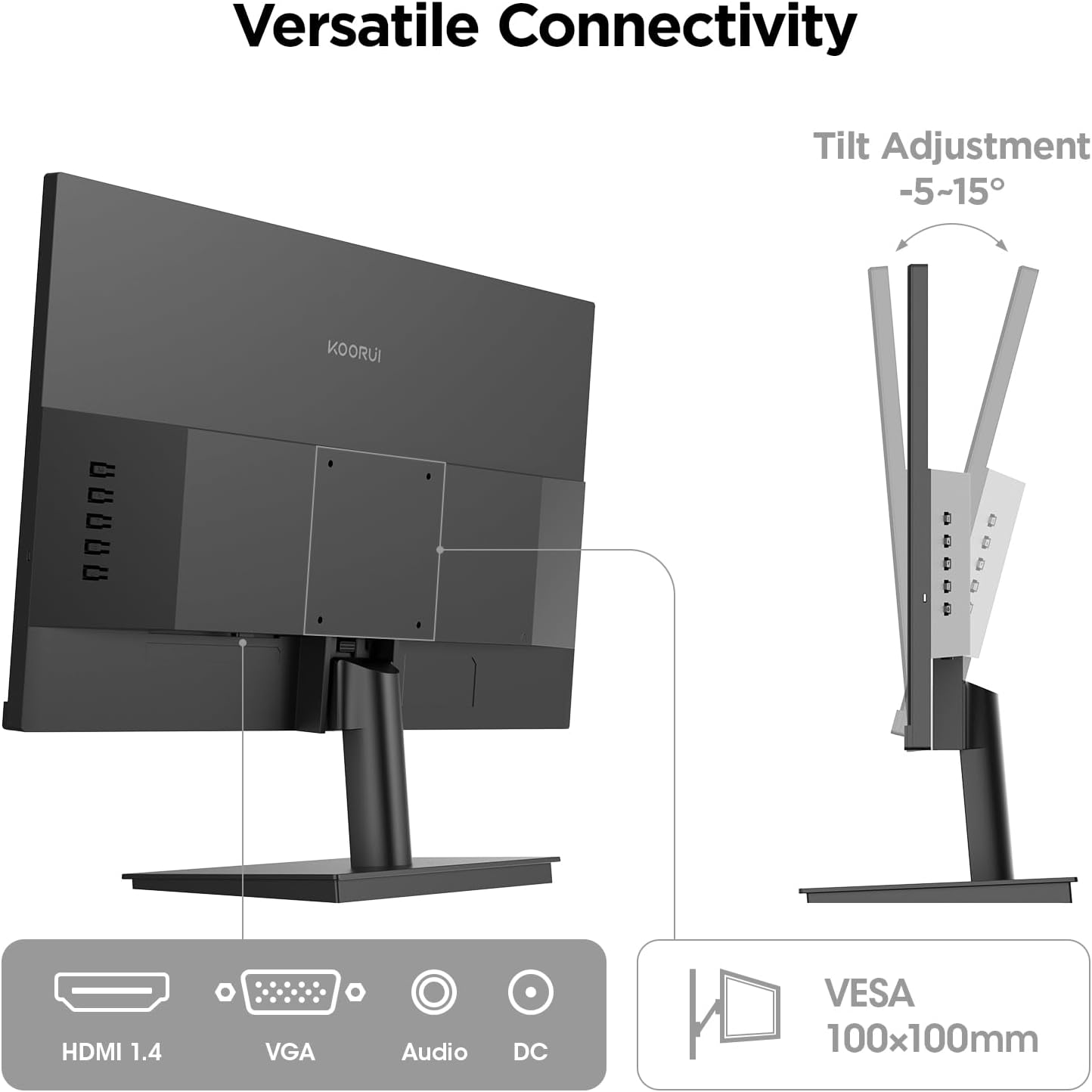 KOORUI 24 inch Computer Monitor,FHD (1920 x 1080) 100Hz 99% sRGB 3000:1,PC Desktop Monitors for Computer,HDMI/VGA Port, 100 x 100 mm VESA Mountable,Visioncare,Black
