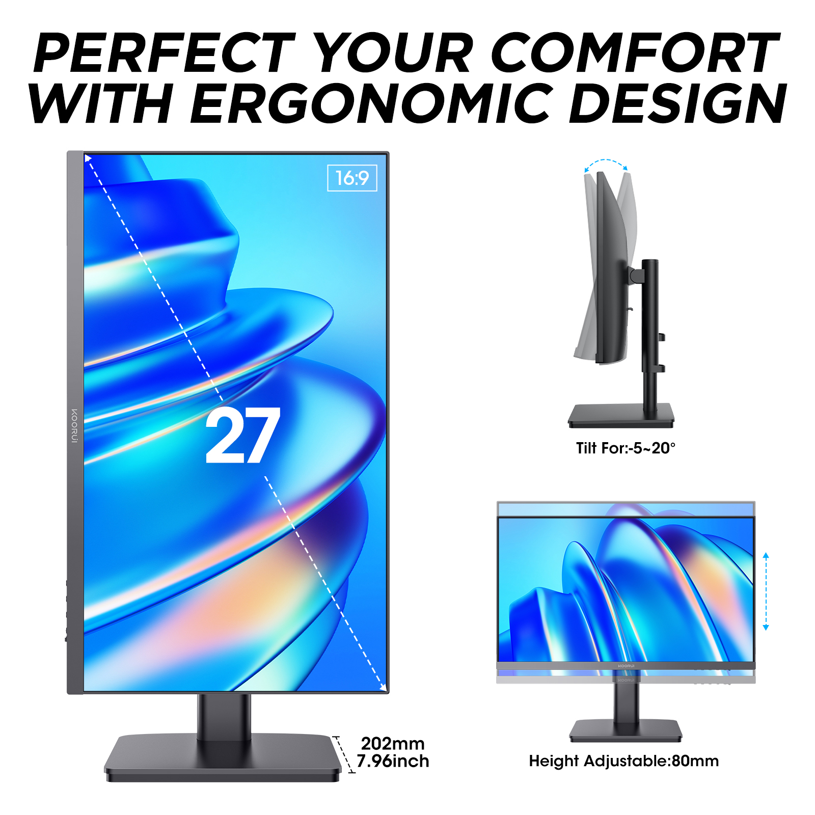 KOORUI 27N6 27 inch Monitor, FHD (1920 x 1080p) IPS Display, 99% sRGB, HDMI,VGA, Tilt Pivot Vertical Height Adjustable, VESA Compatible, Black