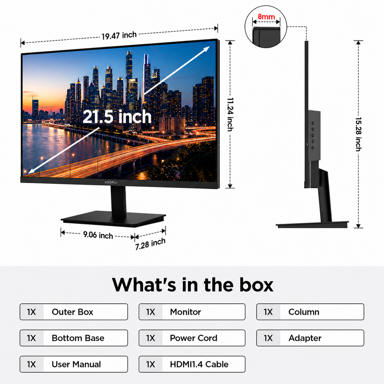 KOORUI 22 Inch Computer Monitor, FHD 1080P 120Hz Computer Display for Office & Work from Home, HDMI/VGA Monitor with Eye Care, Ultra-Slim Bezel, VESA Mount, E2212H