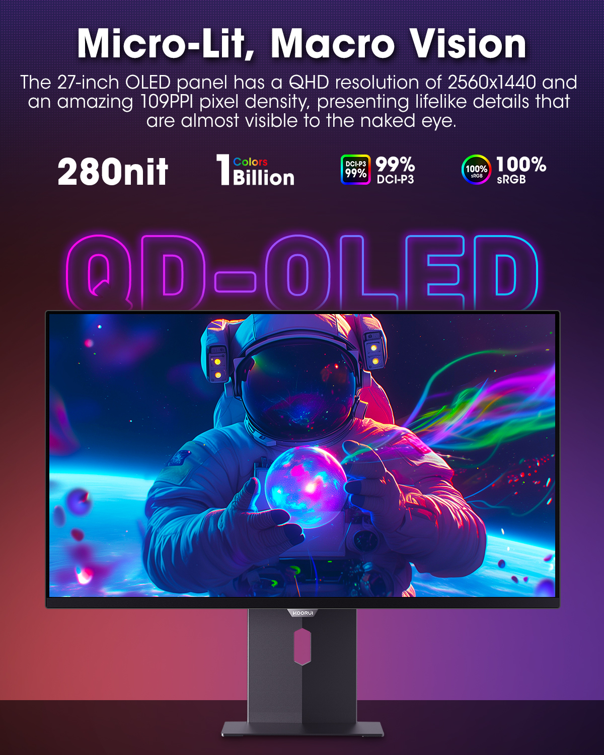 KOORUI Stellux 27’’ QD-OLED 240Hz Gaming Monitor, QHD 1440P Display with AdaptiveSync, 0.03ms (GtG), HDR True Black 400, HDMI 2.1 & DisplayPort, Tilt/Height/Swivel Stand, S2721XO