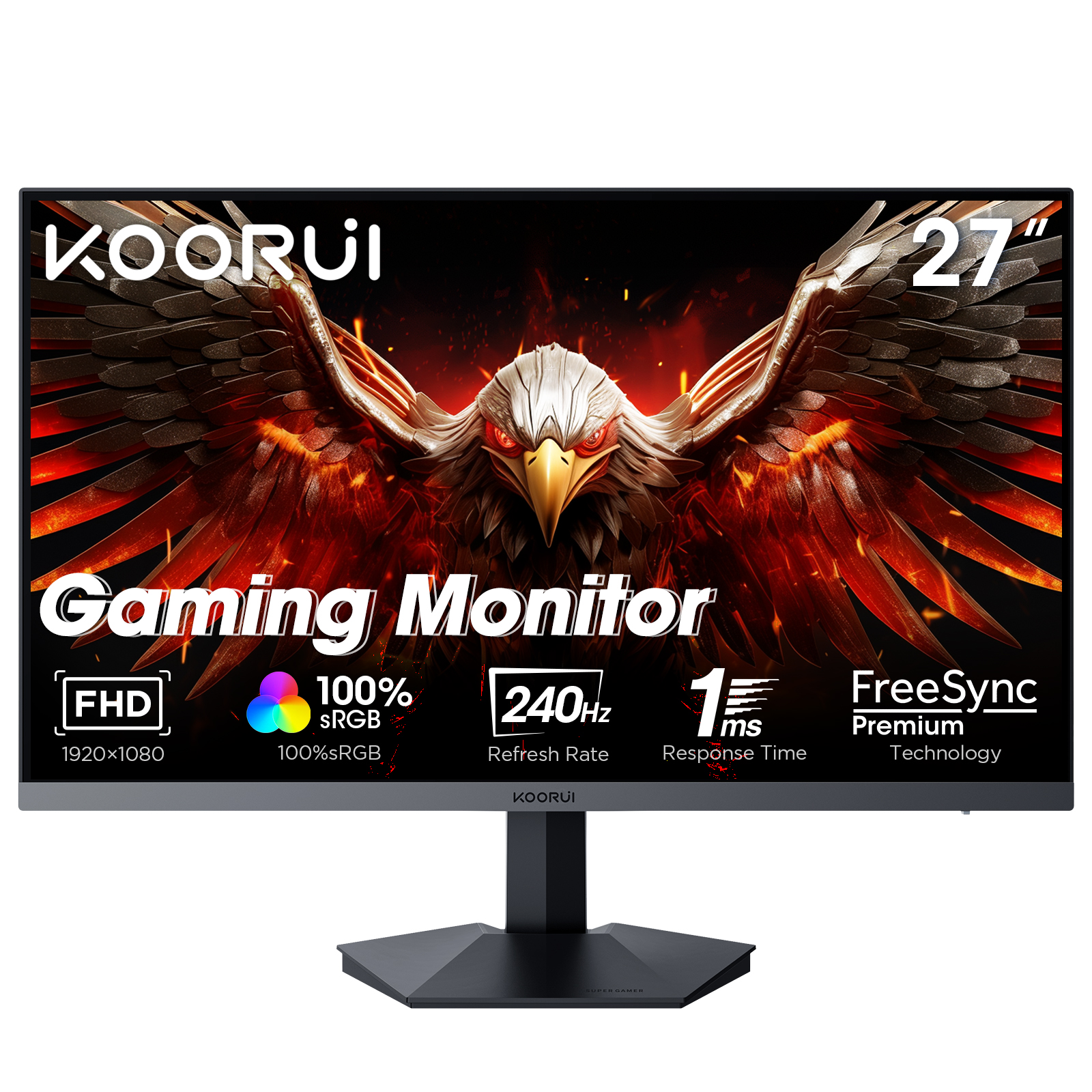 KOORUI 27 Inch Gaming Monitor 240hz, 1ms, FHD 1920x1080, 90% DCI-P3, 100% sRGB Color Gamut, Adaptive Sync Compatible, HDMI, DisplayPort, Black, GN02