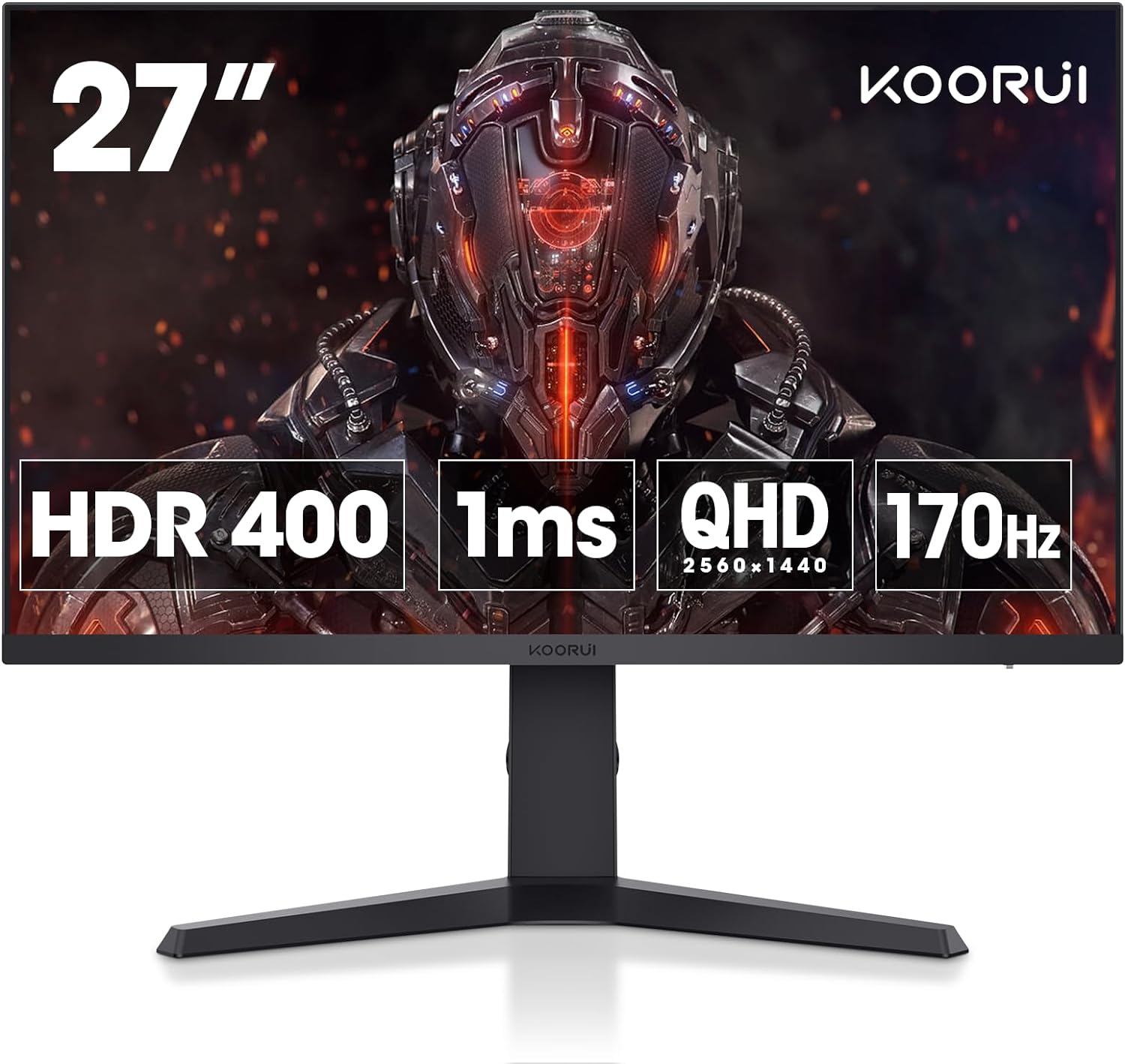 KOORUI Falcon 27" QHD Gaming Monitor IPS, 170Hz, 1ms, HDR400, Compatibility G-Sync and FreeSync, Tilt Pivot Swivel Vertical Height Adjustable，2 HDMI 2.0 & 1 DisplayPor 1.2, 27E3Q, Black