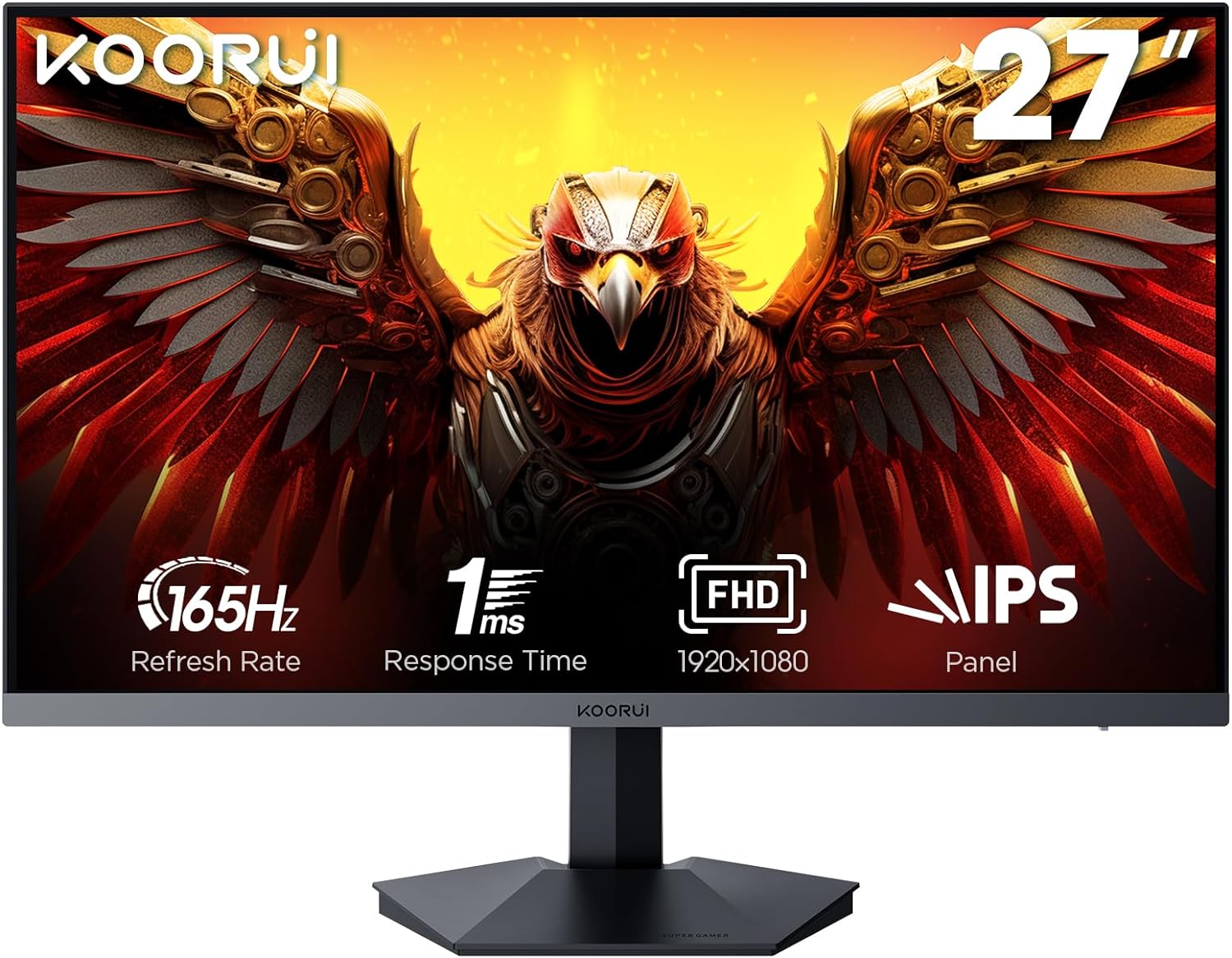 KOORUI 27" Gaming Monitor, 165Hz, IPS, FHD 1920 x 1080 1ms with Adaptive Sync, 75x75 mm VESA Mountable, Tilt adjustable, 2 x HDMI 2.0 & DisplayPort 1.4, GN06, Black