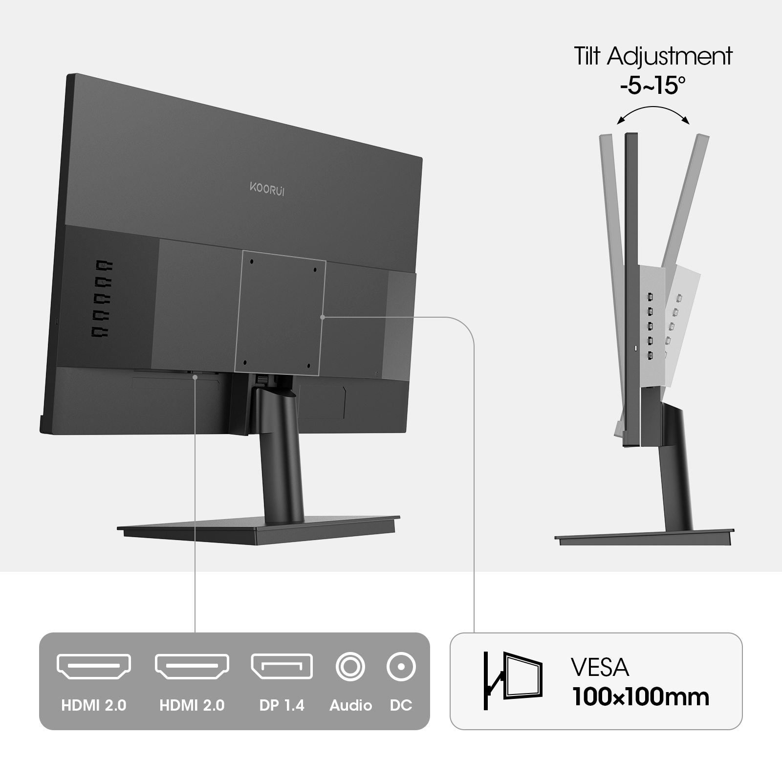 KOORUI 27-inch IPS WQHD (2560 x 1440) Computer Monitor, 100Hz, AdaptiveSync, HDMI, DP Port, Tilt, VESA Mountable, Eye Care, 2K PC Monitor for Gaming and Working, Black, E2721F