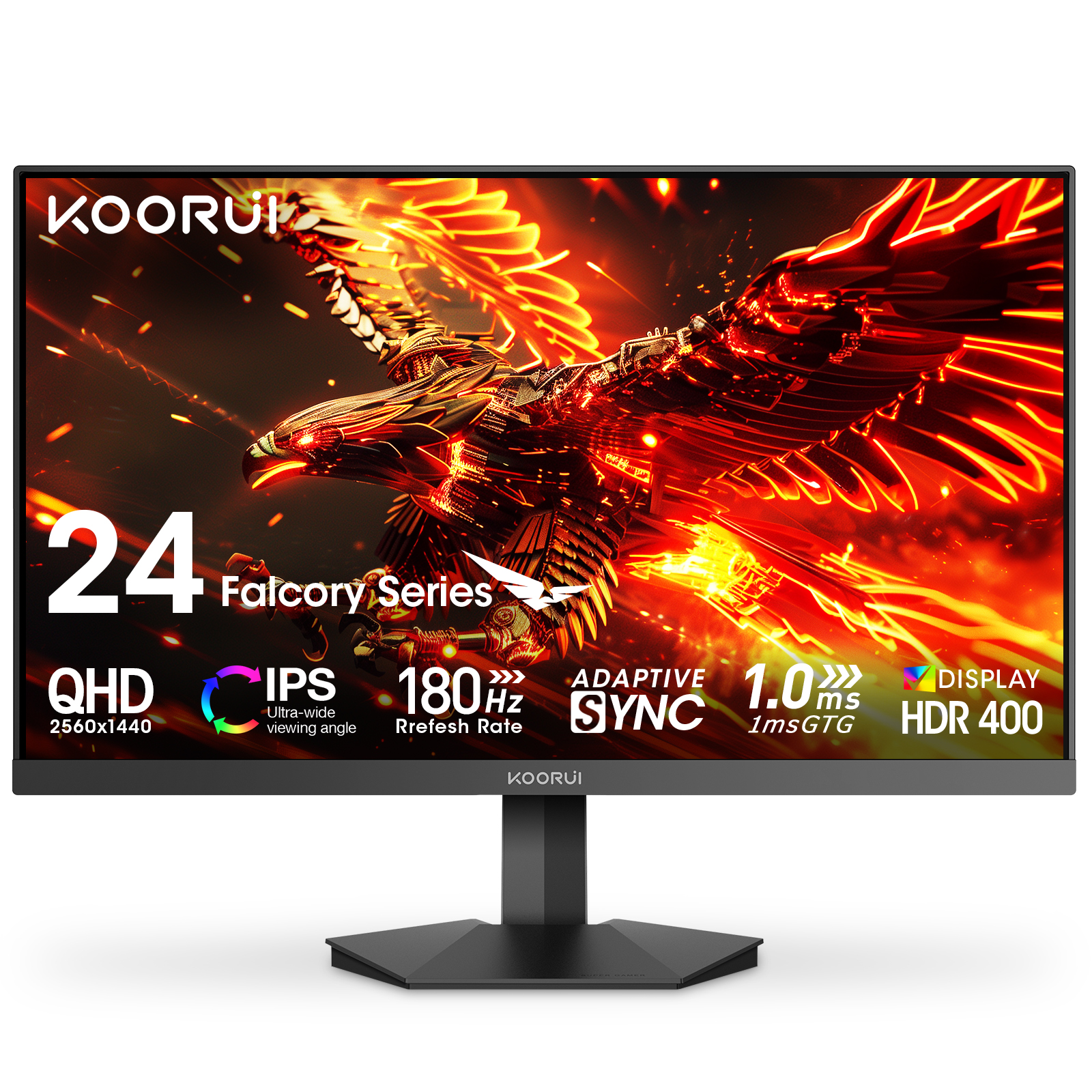 KOORUI Gaming Monitor, 24" Fast IPS Computer Monitor, 180Hz QHD HDR400 Display, 1ms PC Screen, 90% DCI-P3 Color Gamut, Adaptive Sync, Ultra Slim Frame, VESA Mountable, HDMI 2.0, DP 1.4, G2421V