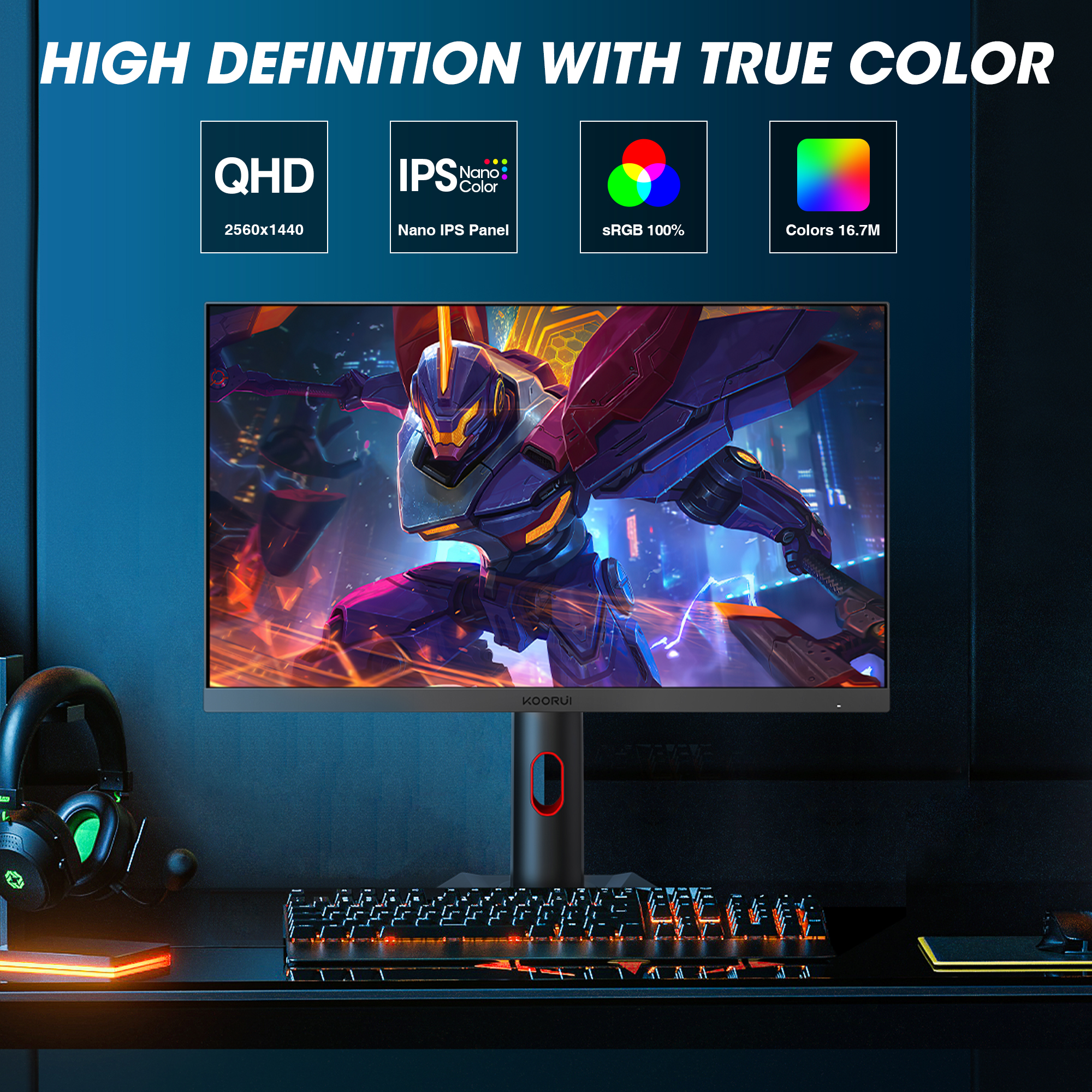 KOORUI 24 inch Gaming Monitor, 2K QHD 2560 X 1440, 165Hz, 1ms, Fast IPS, 100% sRGB, Adaptive Sync, Pivot Adjustment, HDMI, DisplayPort, VESA Compatible, GP01