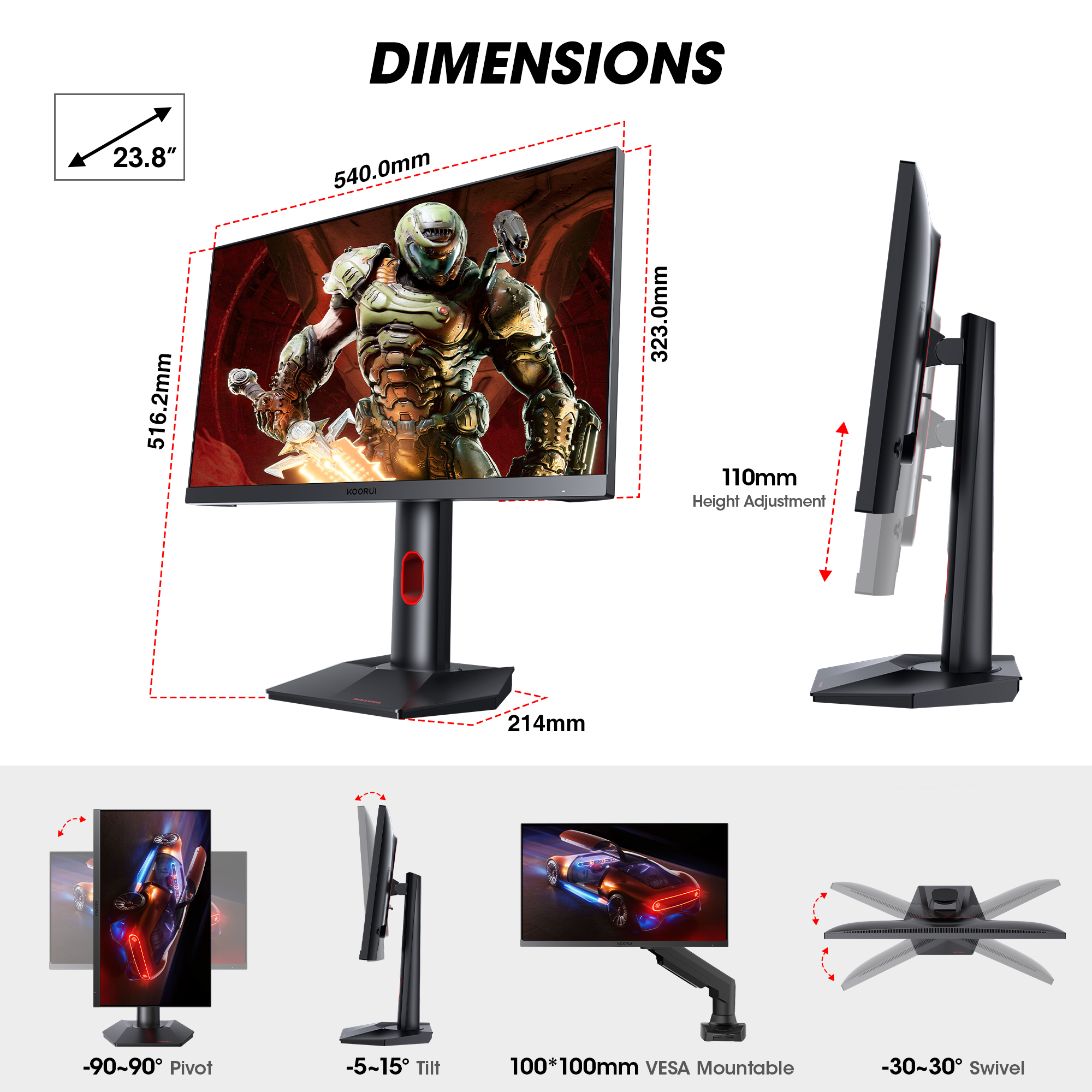 KOORUI 24 inch Gaming Monitor, 2K QHD 2560 X 1440, 165Hz, 1ms, Fast IPS, 100% sRGB, Adaptive Sync, Pivot Adjustment, HDMI, DisplayPort, VESA Compatible, GP01