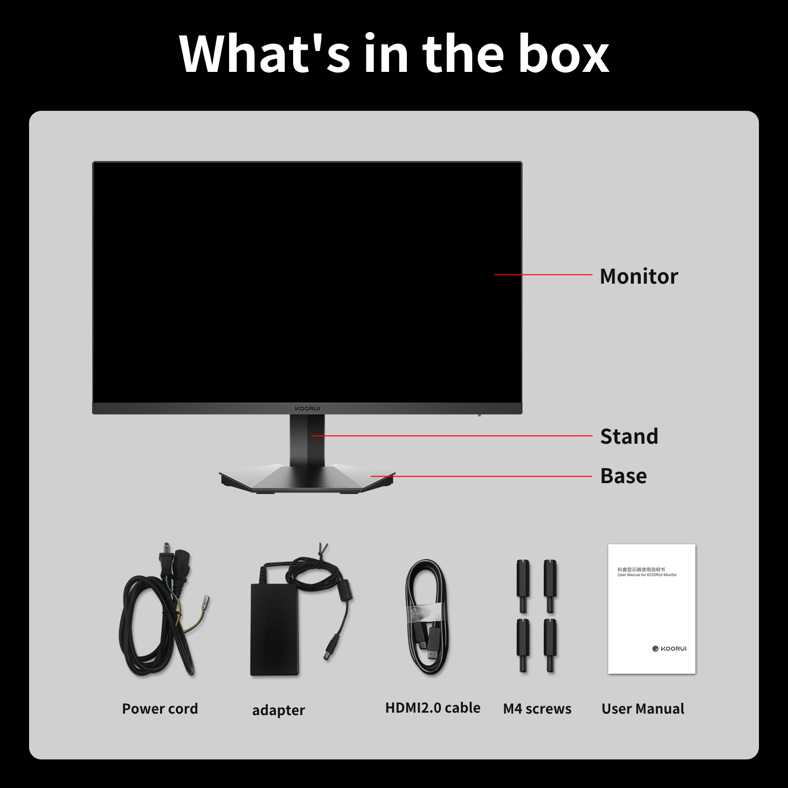 KOORUI Gaming Monitor, 24" Fast IPS Computer Monitor, 180Hz QHD HDR400 Display, 1ms PC Screen, 90% DCI-P3 Color Gamut, Adaptive Sync, Ultra Slim Frame, VESA Mountable, HDMI 2.0, DP 1.4, G2421V