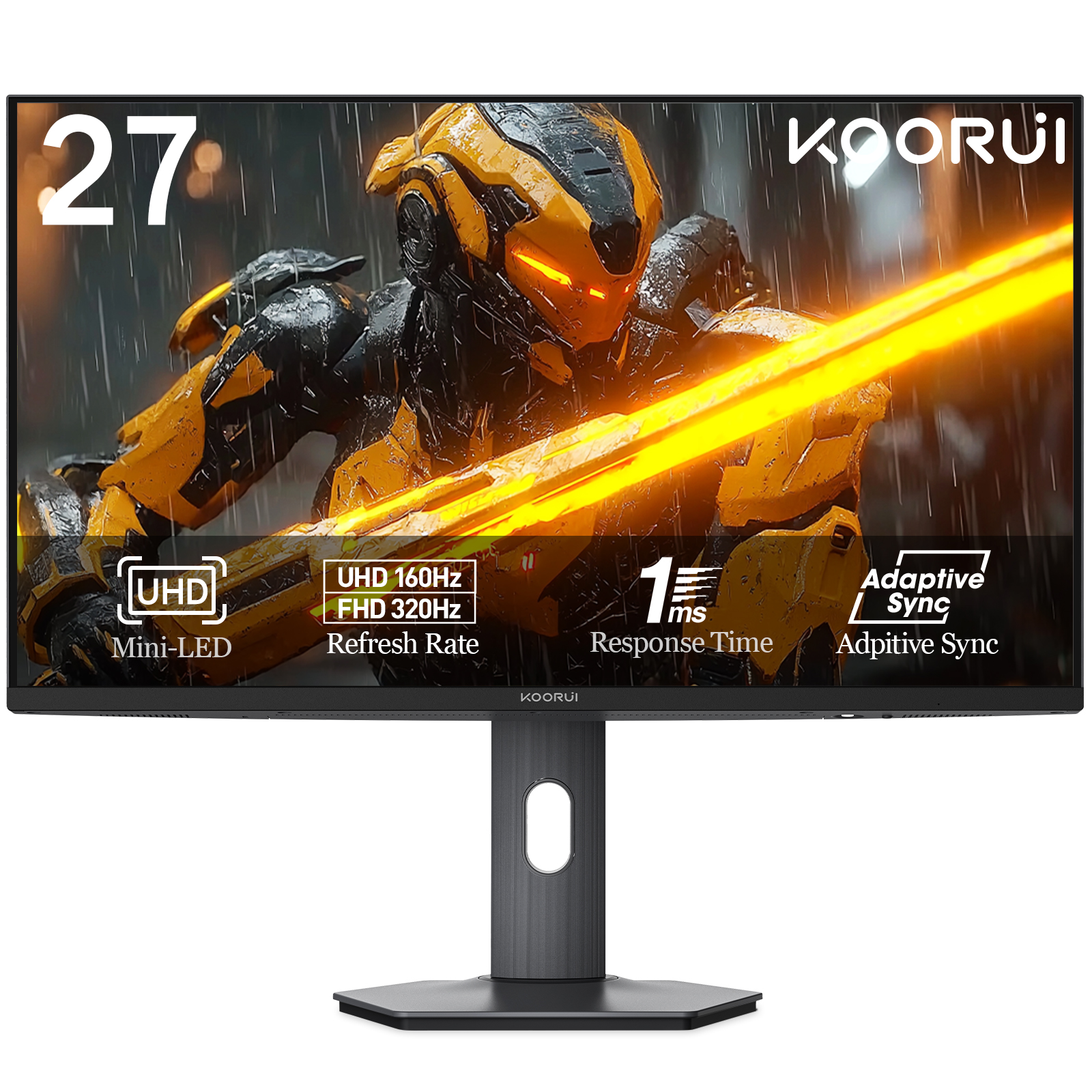 KOORUI 27 inch Gaming Monitor, 4K UHD 3840×2160 160Hz/320Hz 1ms, Mini LED/IPS Computer Monitor for Desktop, 98% DCI-P3&100% sRGB, HDR1400,HDMI 2.1, 100×100 VESA Mountable, Height Adjustable, Black