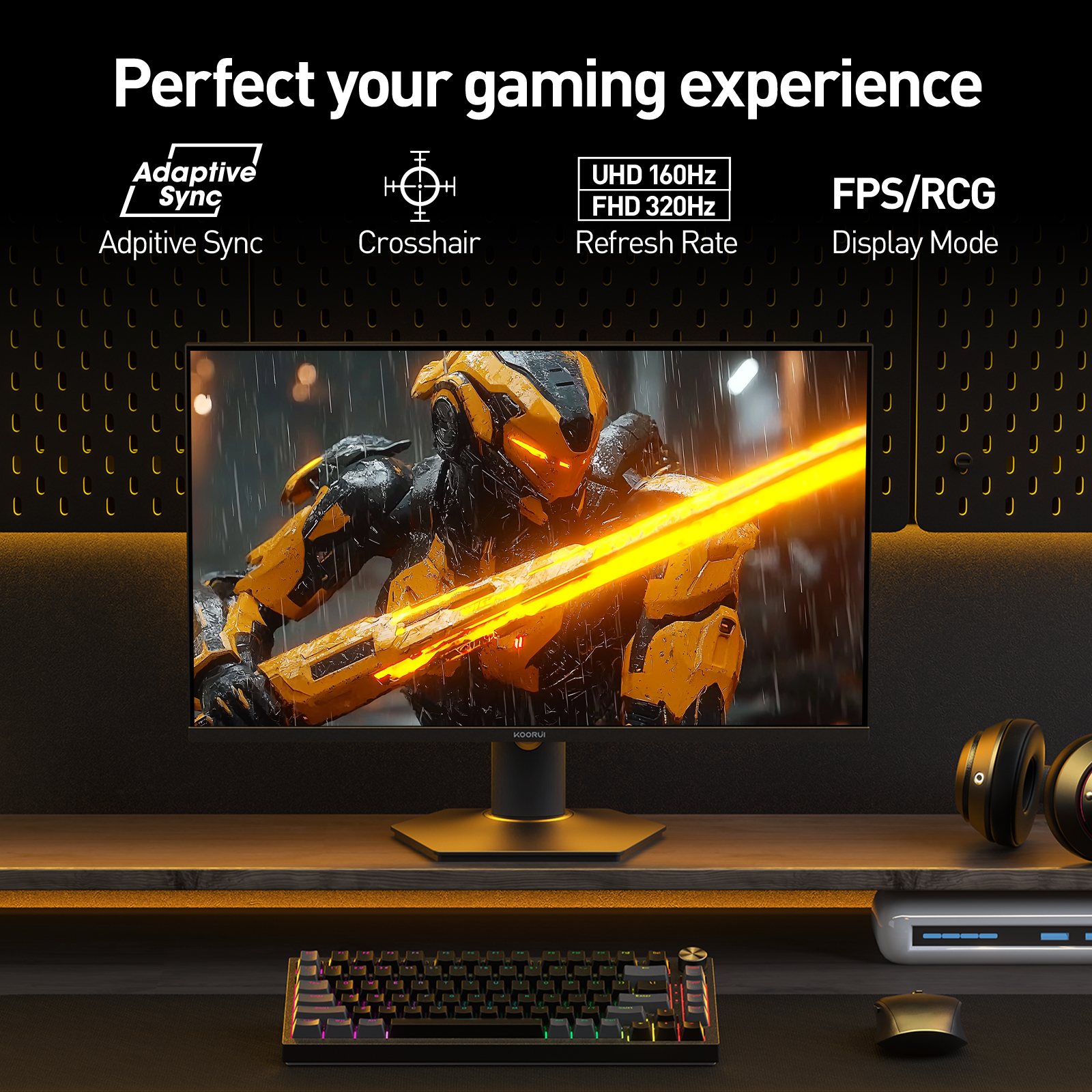 KOORUI 27 inch Gaming Monitor, 4K UHD 3840×2160 160Hz/320Hz 1ms, Mini LED/IPS Computer Monitor for Desktop, 98% DCI-P3&100% sRGB, HDR1400,HDMI 2.1, 100×100 VESA Mountable, Height Adjustable, Black