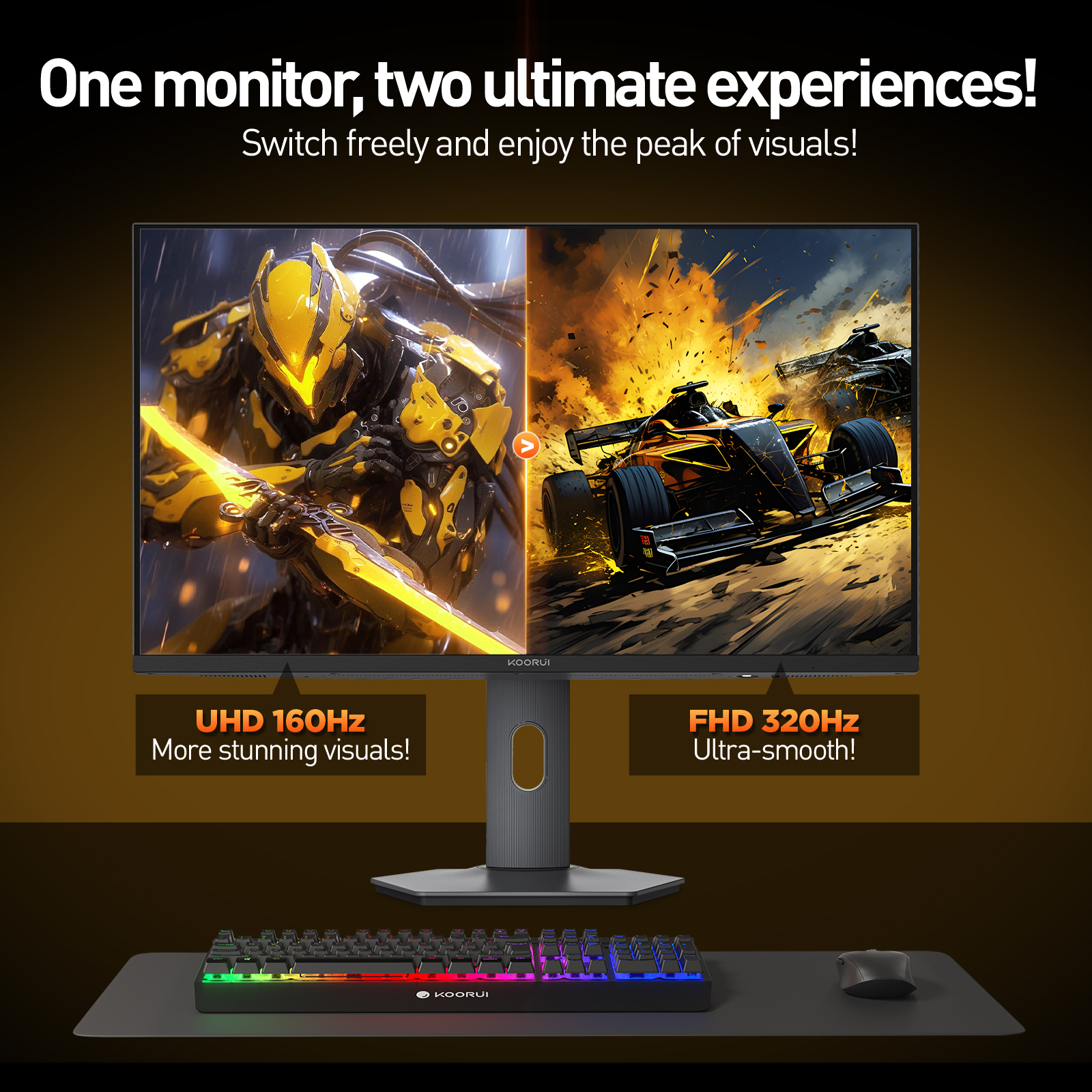 KOORUI 27 inch Gaming Monitor, 4K UHD 3840×2160 160Hz/320Hz 1ms, Mini LED/IPS Computer Monitor for Desktop, 98% DCI-P3&100% sRGB, HDR1400,HDMI 2.1, 100×100 VESA Mountable, Height Adjustable, Black